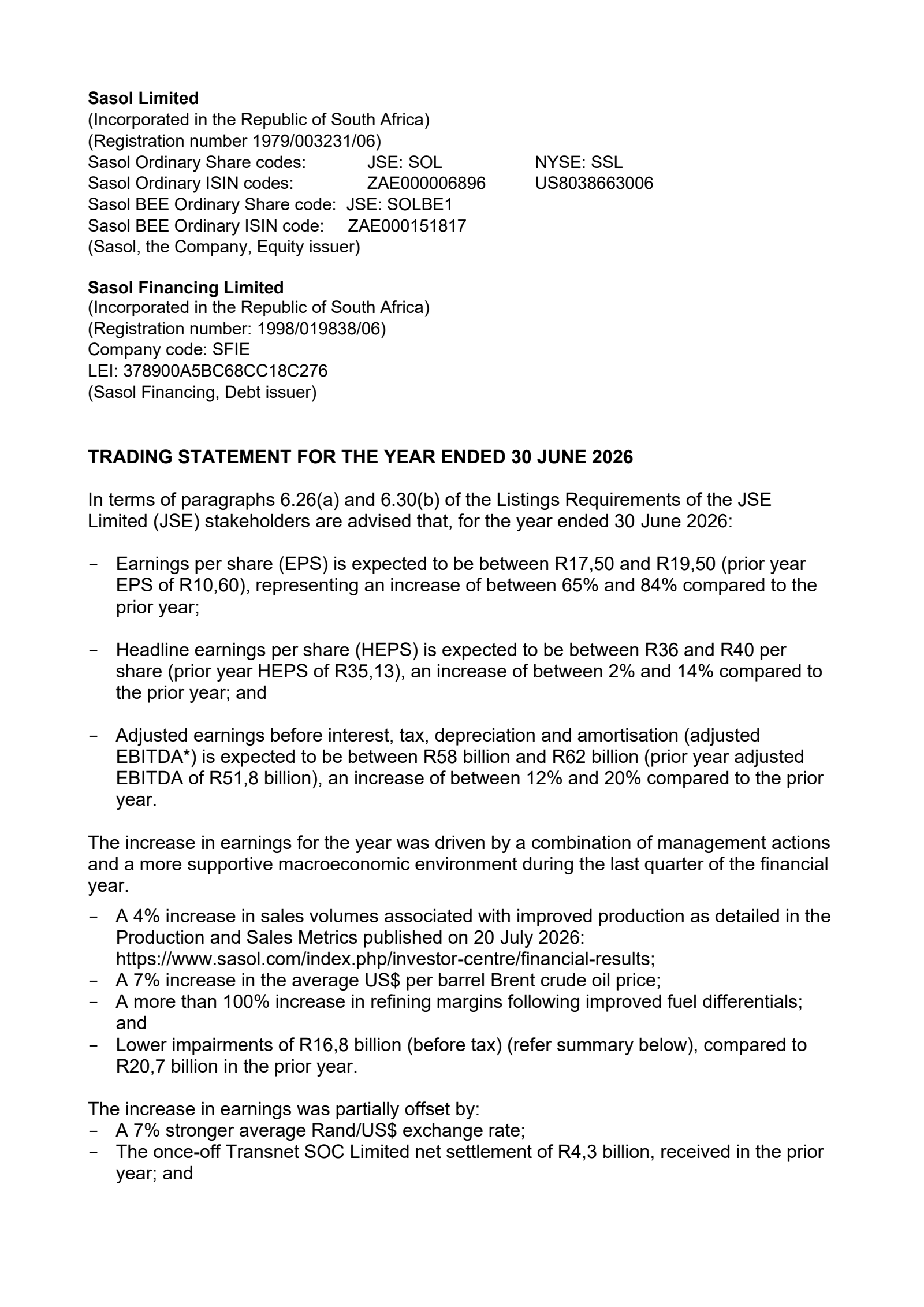 Sasol's Q4 2026 TU Press Release