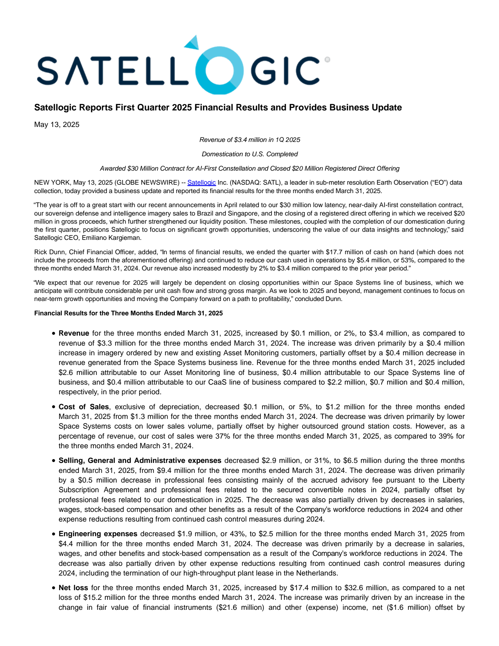 Satellogic's Q1 2025 Press Release