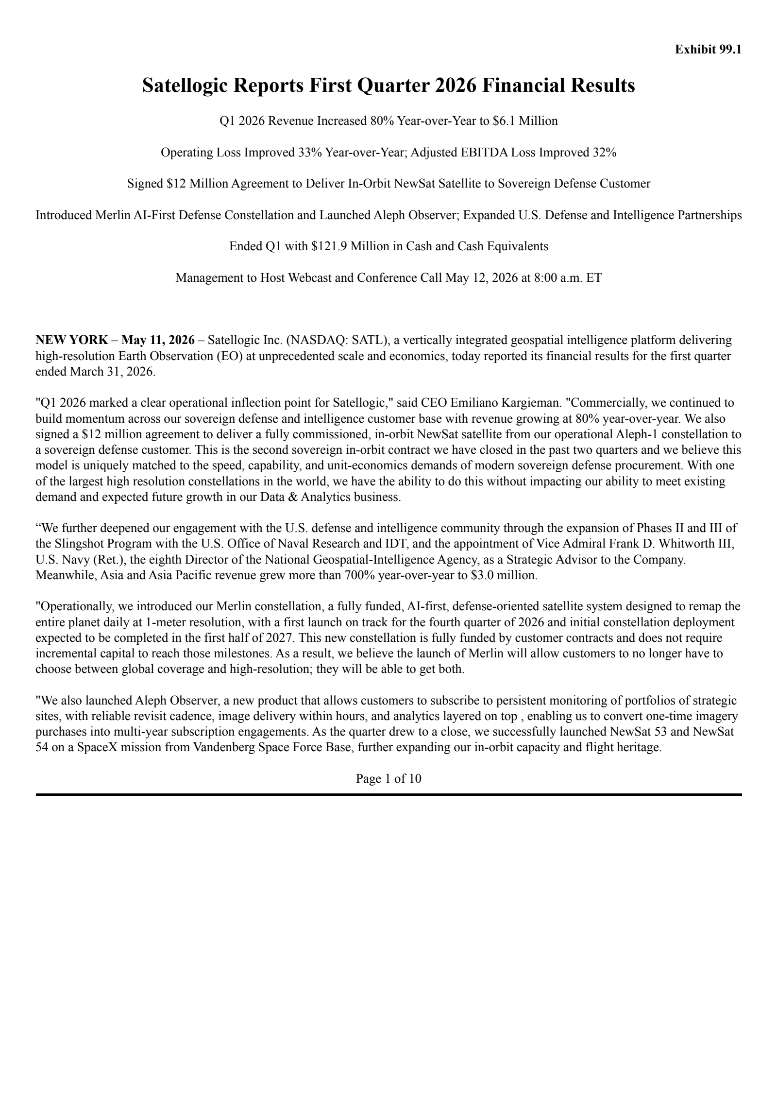 Satellogic's Q1 2026 Press Release