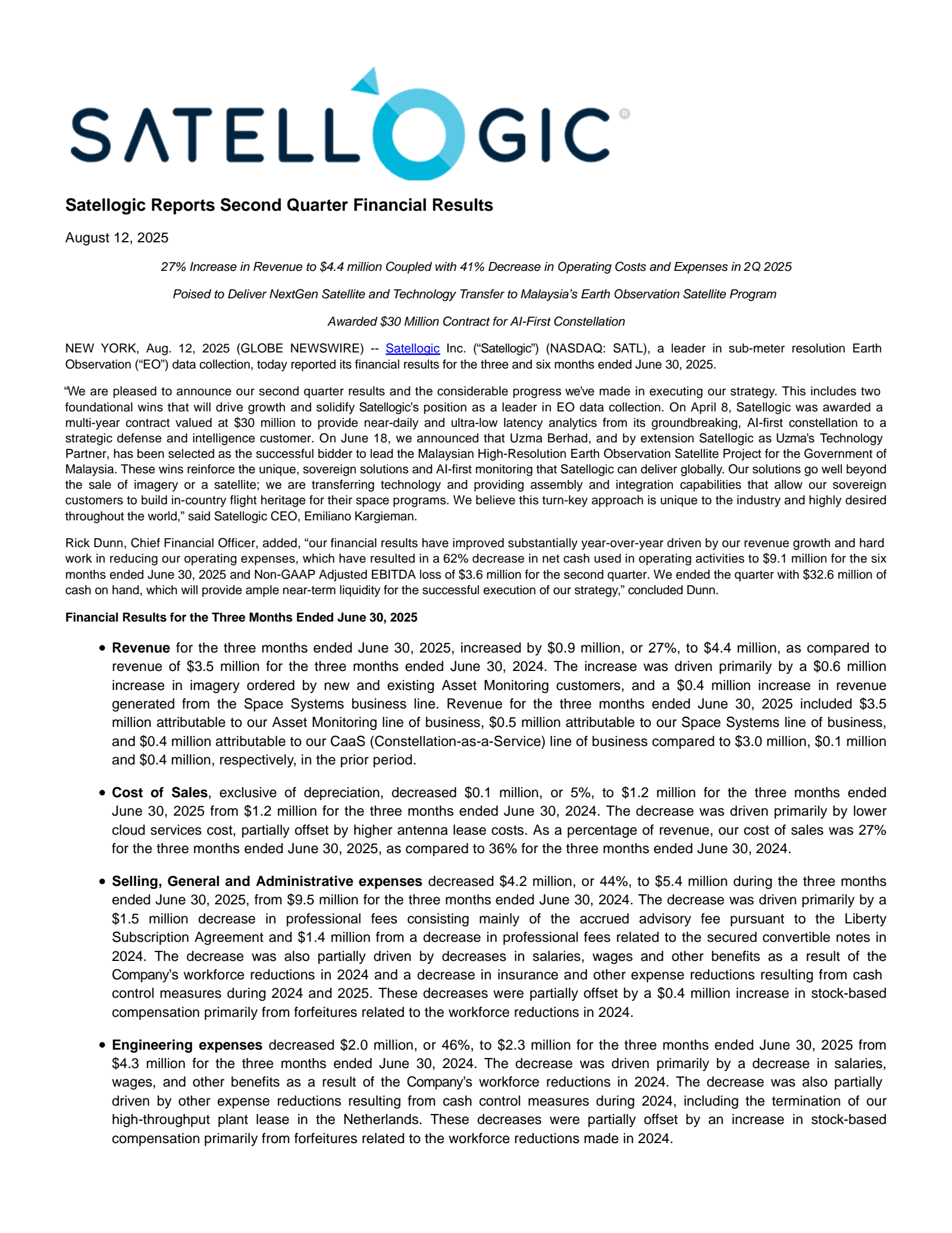 Satellogic's Q2 2025 Press Release
