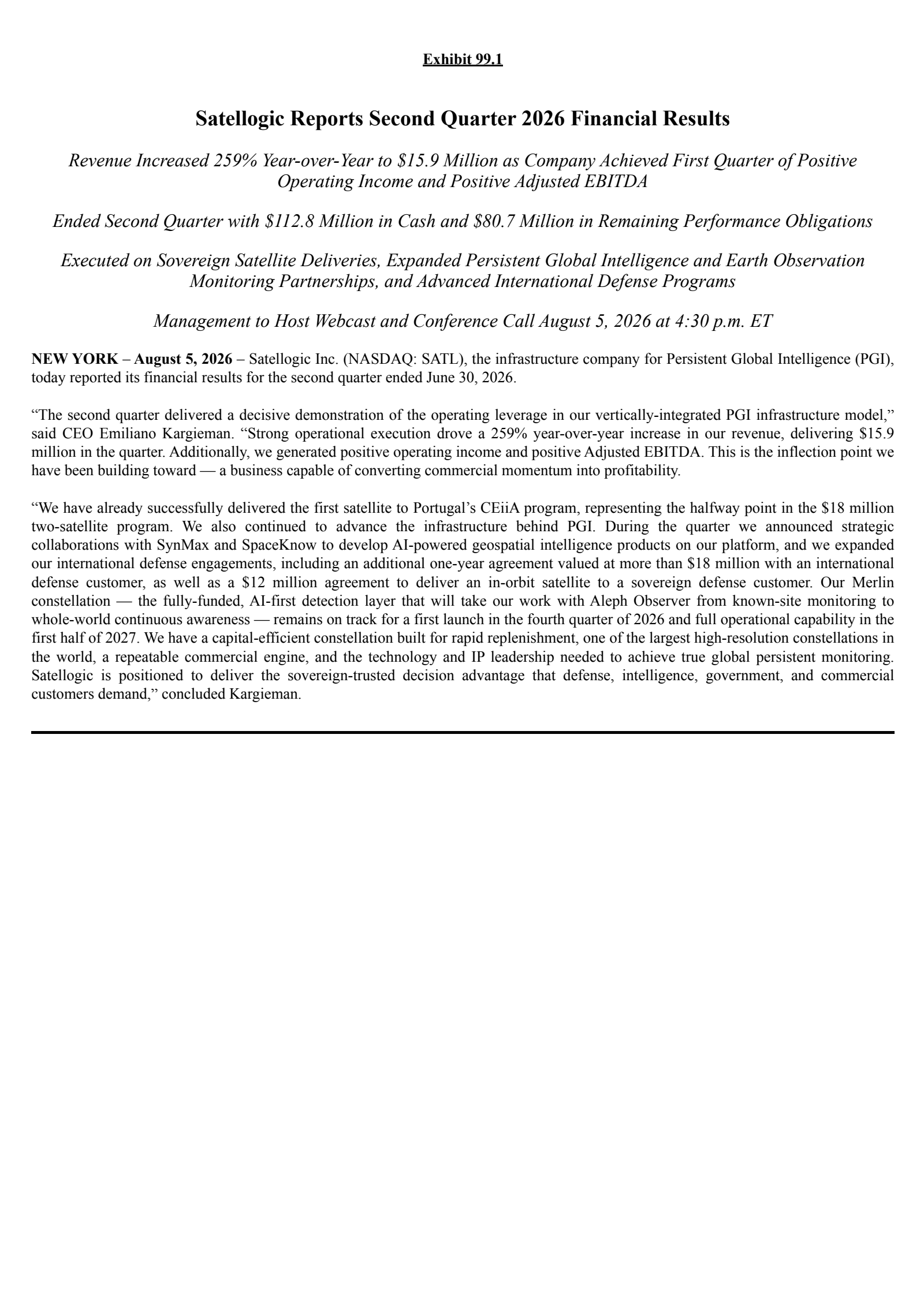 Satellogic's Q2 2026 Press Release