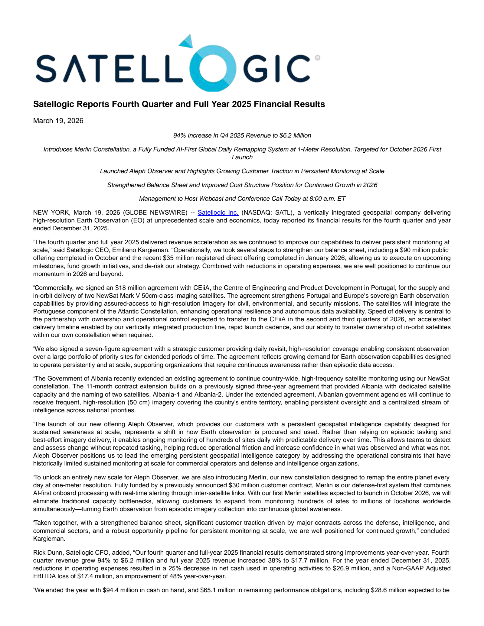 Satellogic's Q4 2025 Press Release
