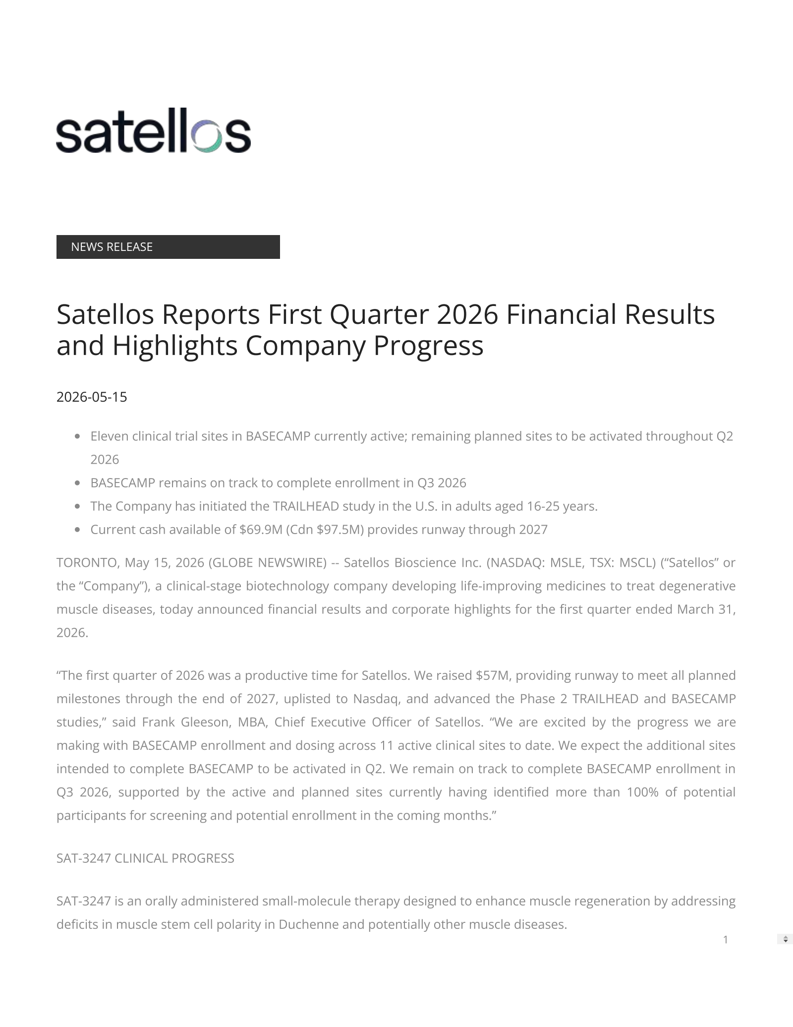Satellos Bioscience's Q1 2026 Press Release