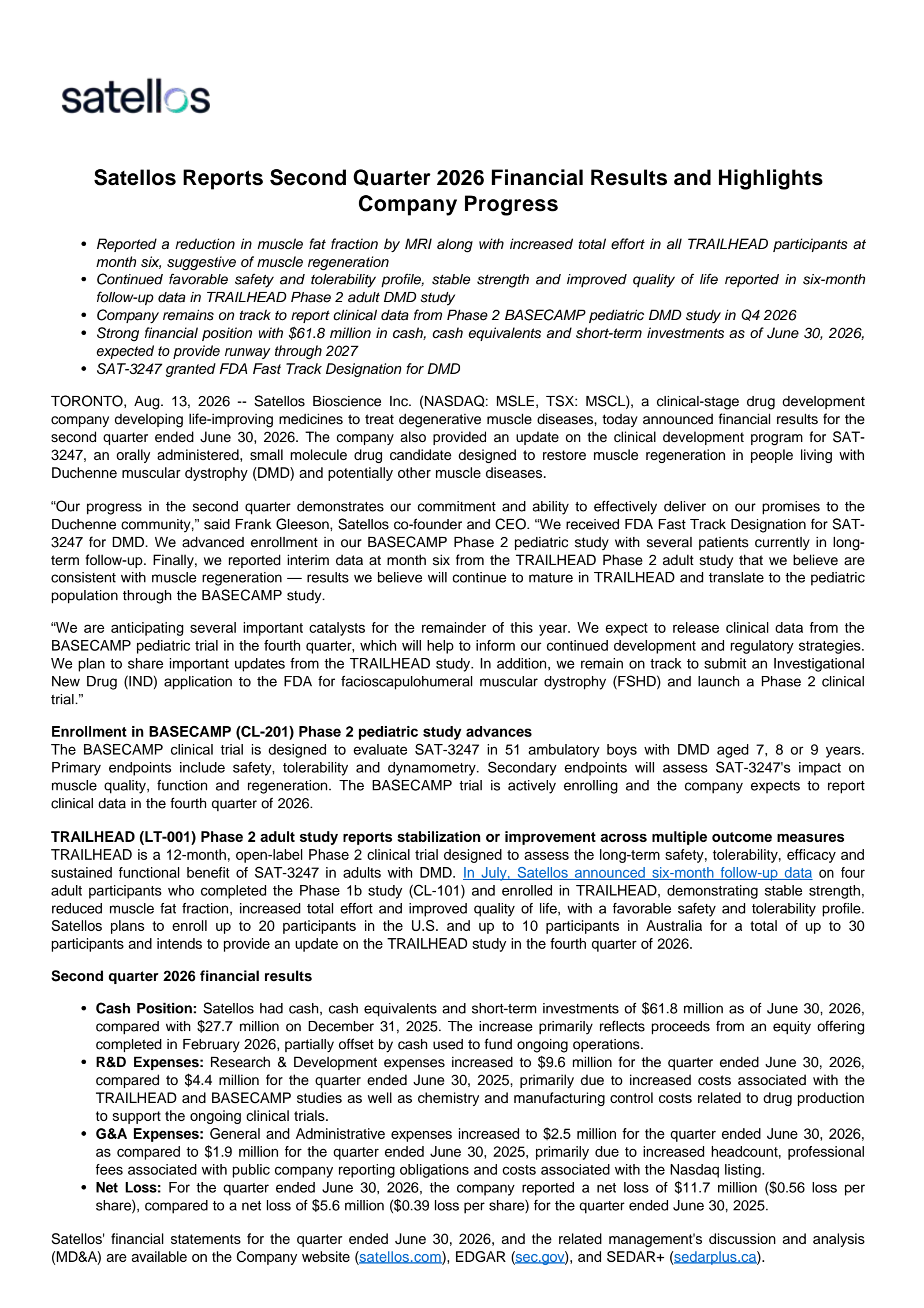 Satellos Bioscience's Q2 2026 Press Release