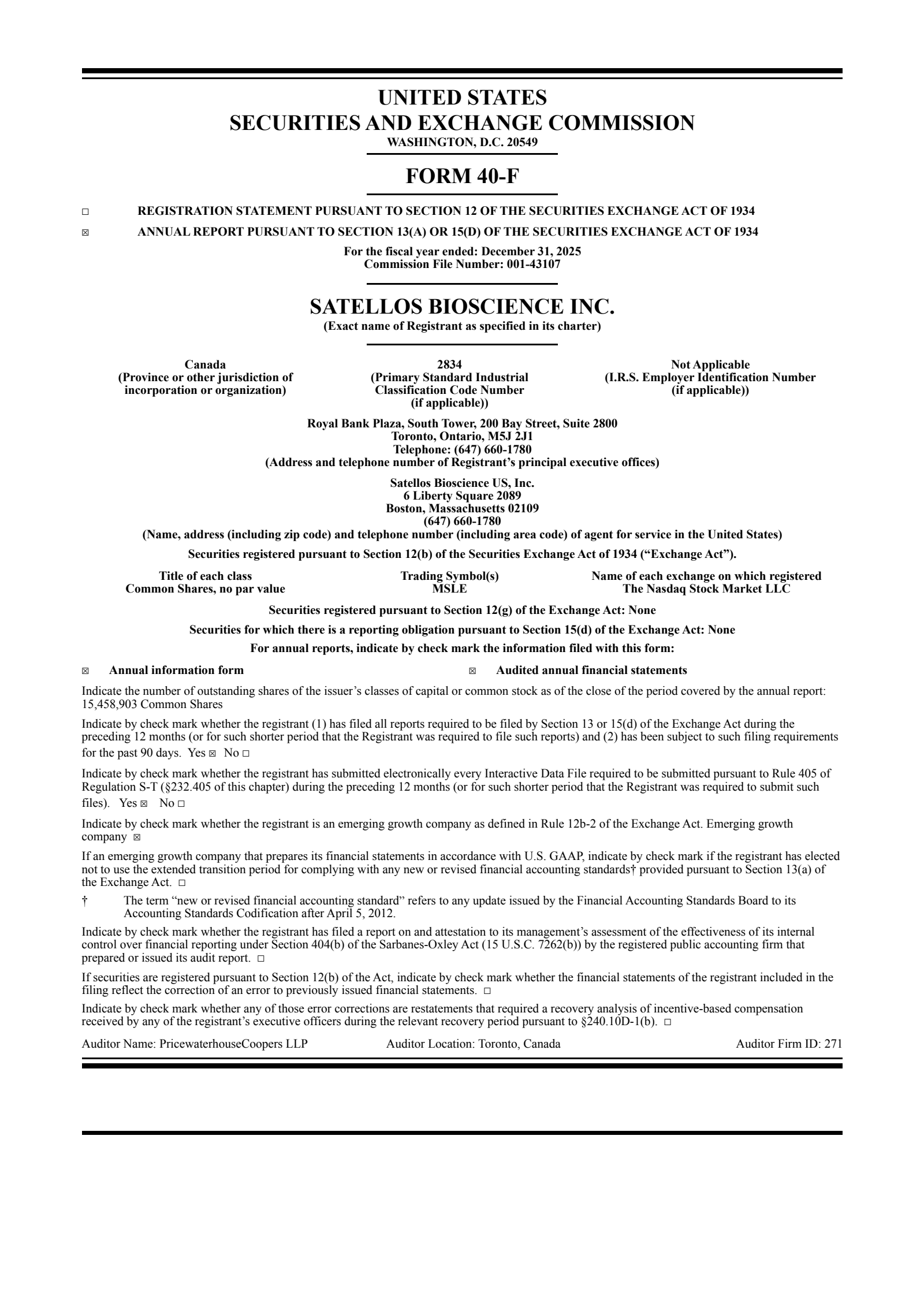 Satellos Bioscience's Q4 2025 Annual report
