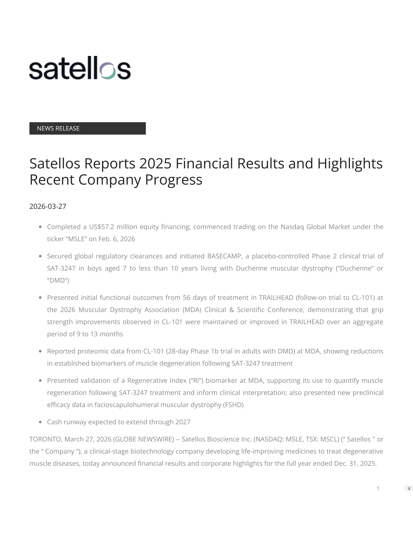 Satellos Bioscience's Q4 2025 Press Release
