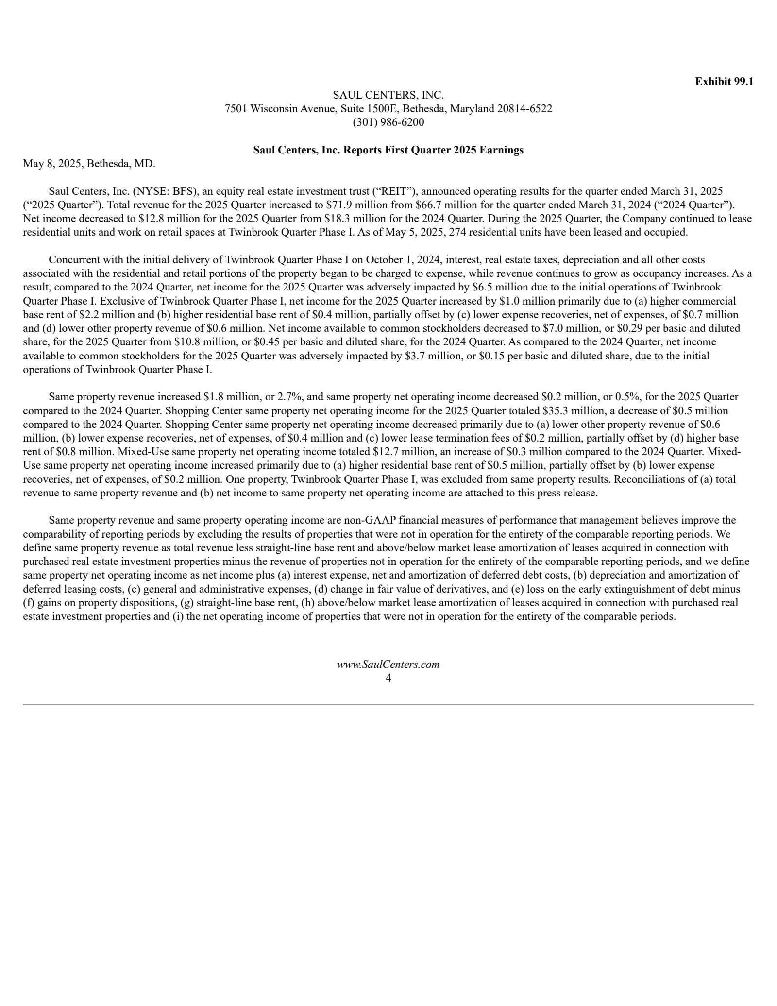 Saul Centers' Q1 2025 Press Release