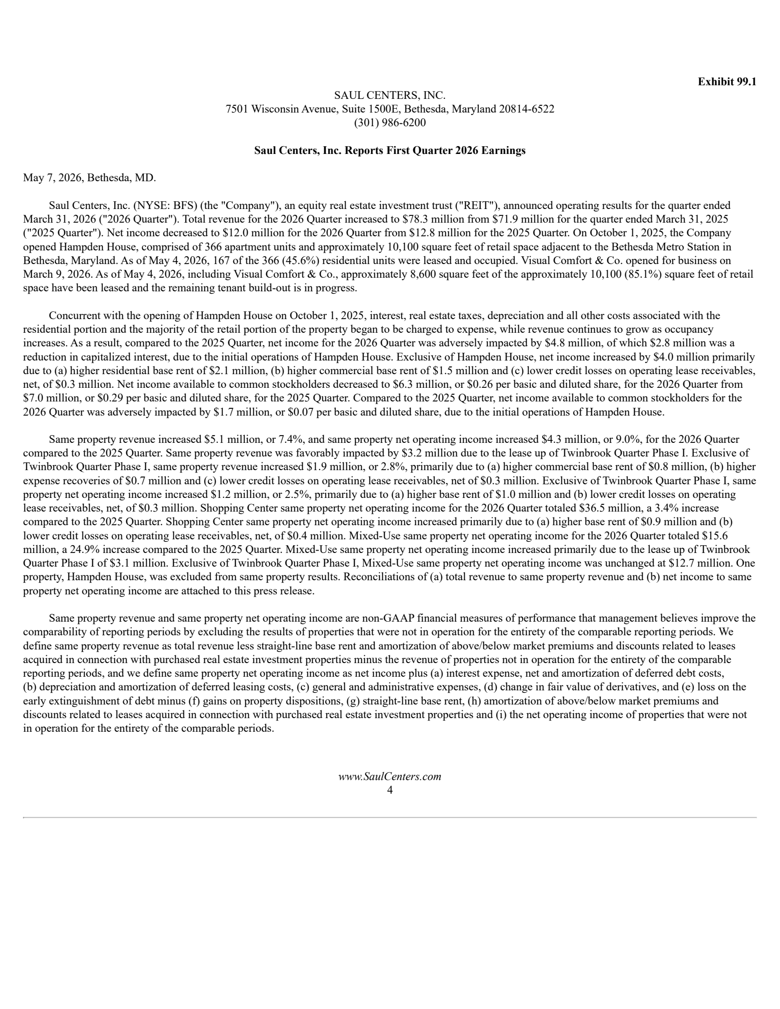 Saul Centers' Q1 2026 Press Release