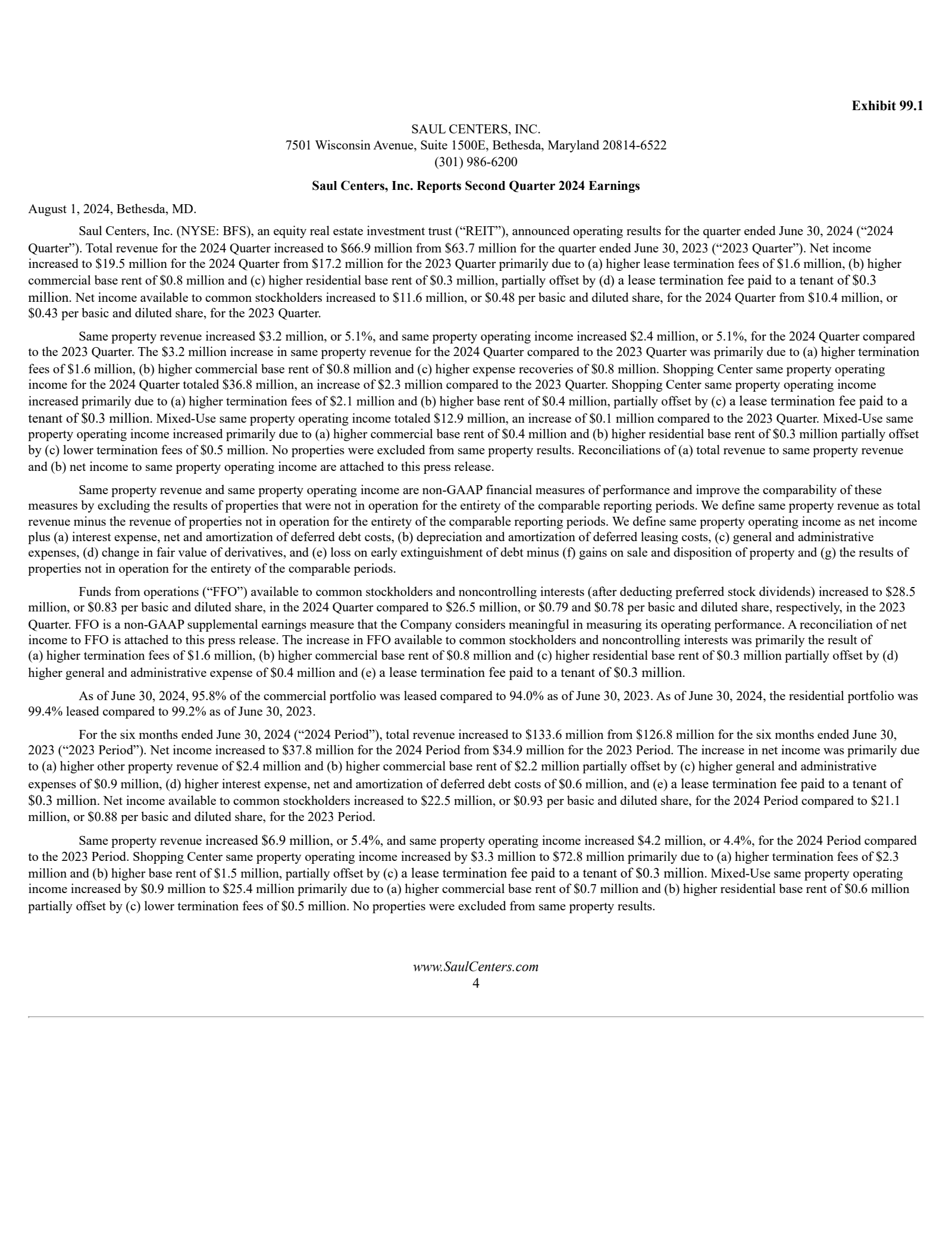 Saul Centers' Q2 2024 Press Release