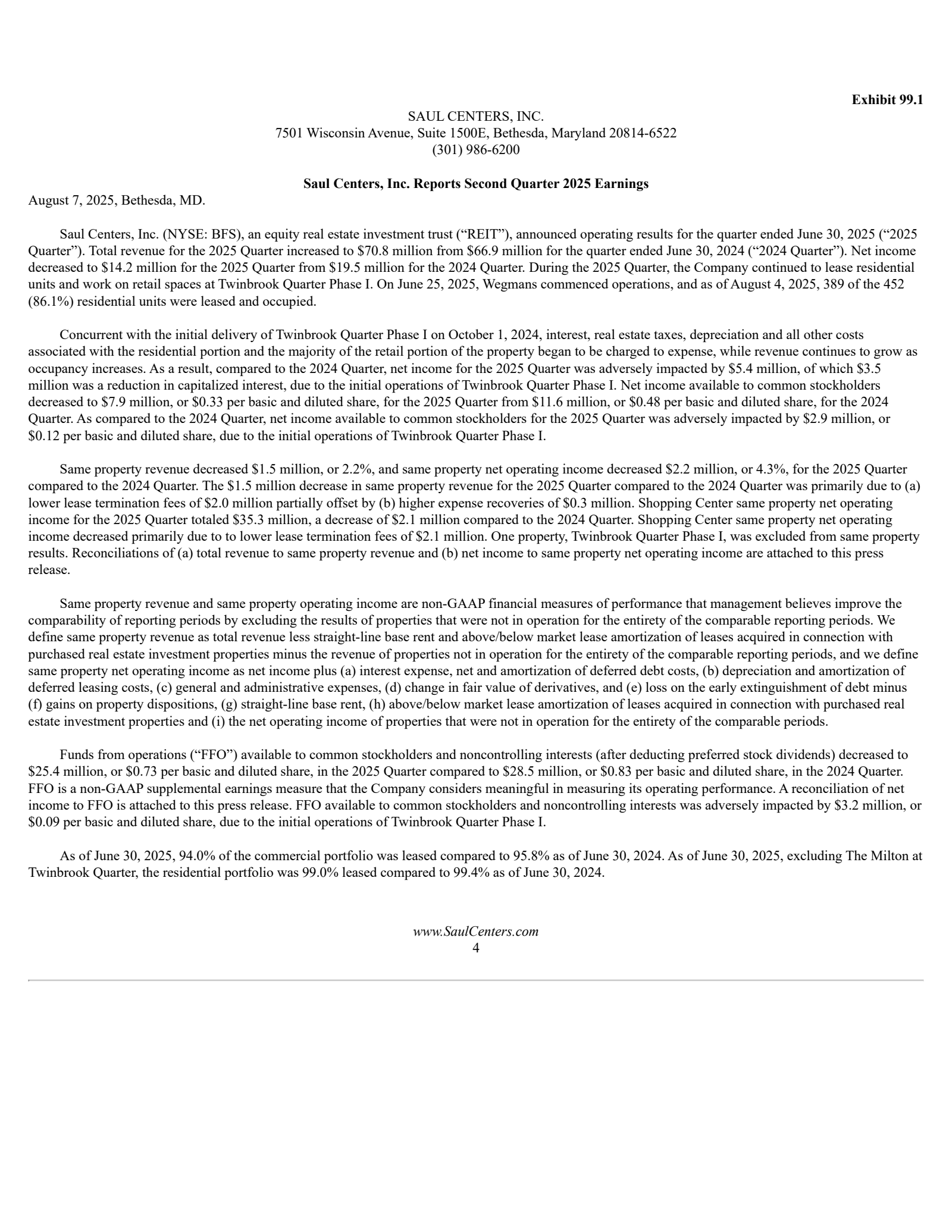 Saul Centers' Q2 2025 Press Release