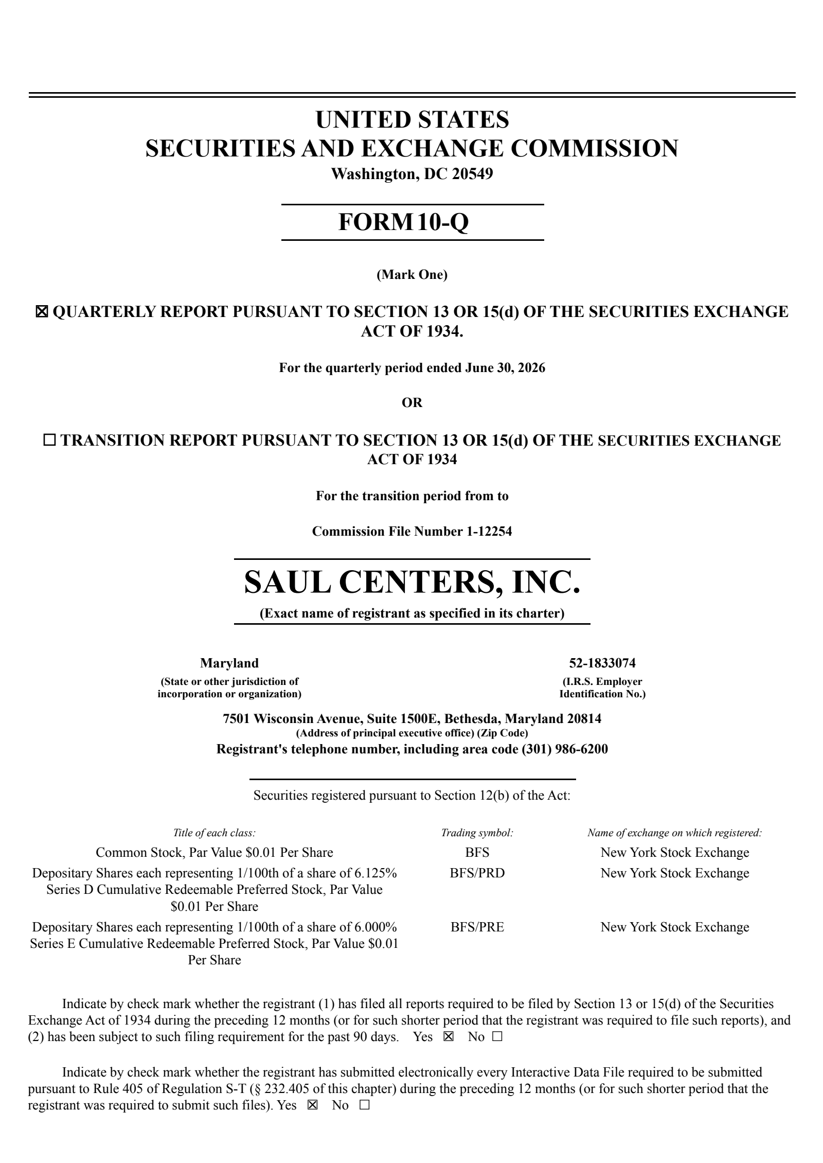 Saul Centers' Q2 2026 Quarterly report