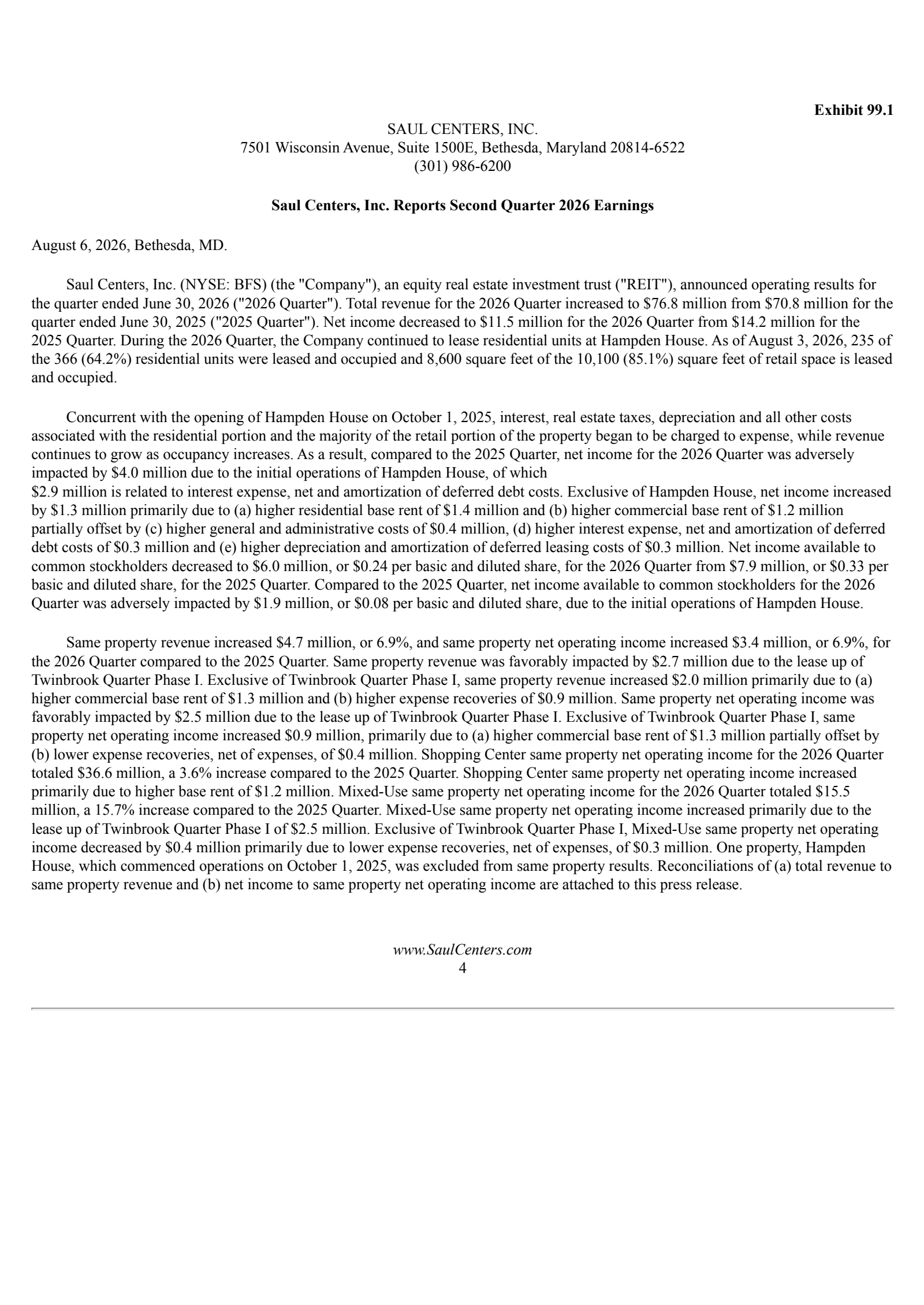 Saul Centers' Q2 2026 Press Release