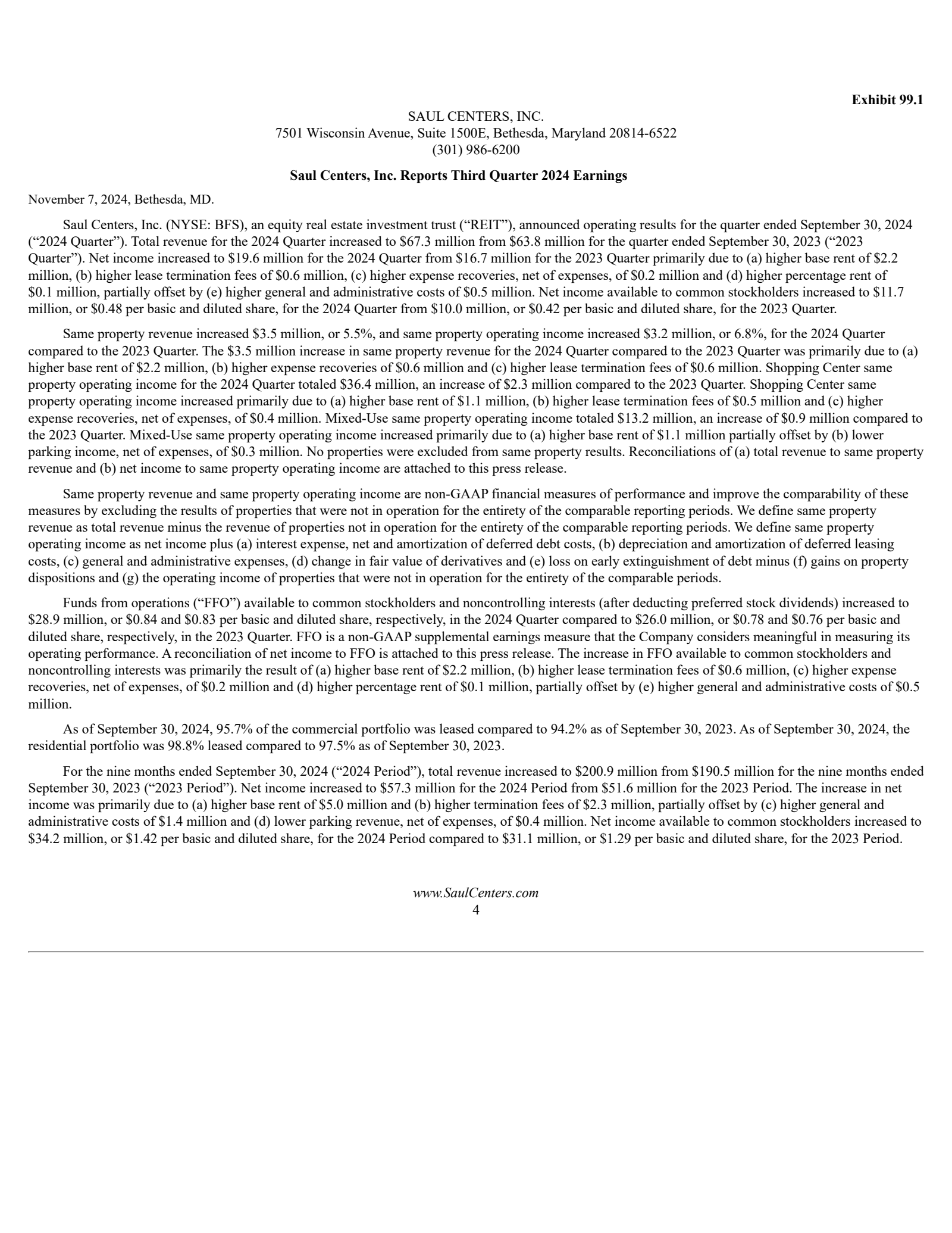 Saul Centers' Q3 2024 Press Release