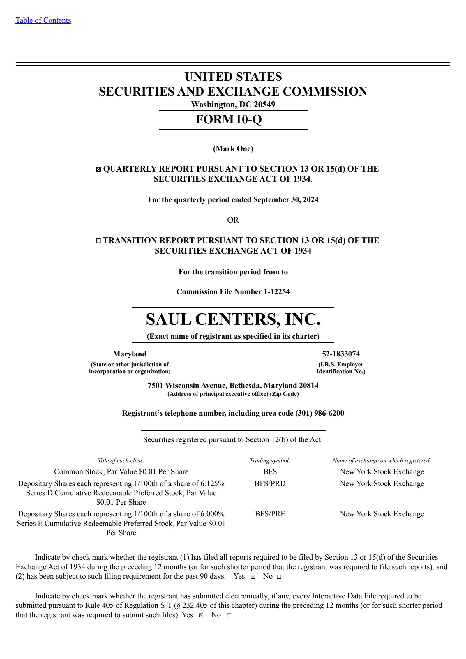 Saul Centers' Q3 2024 Quarterly report
