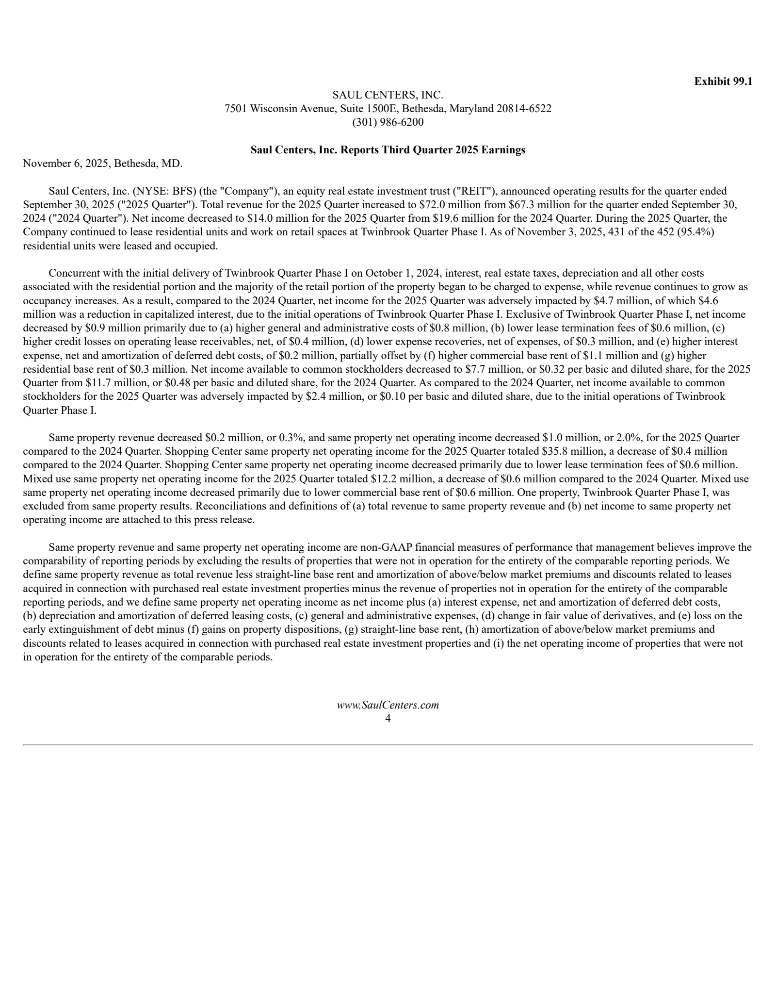 Saul Centers' Q3 2025 Press Release