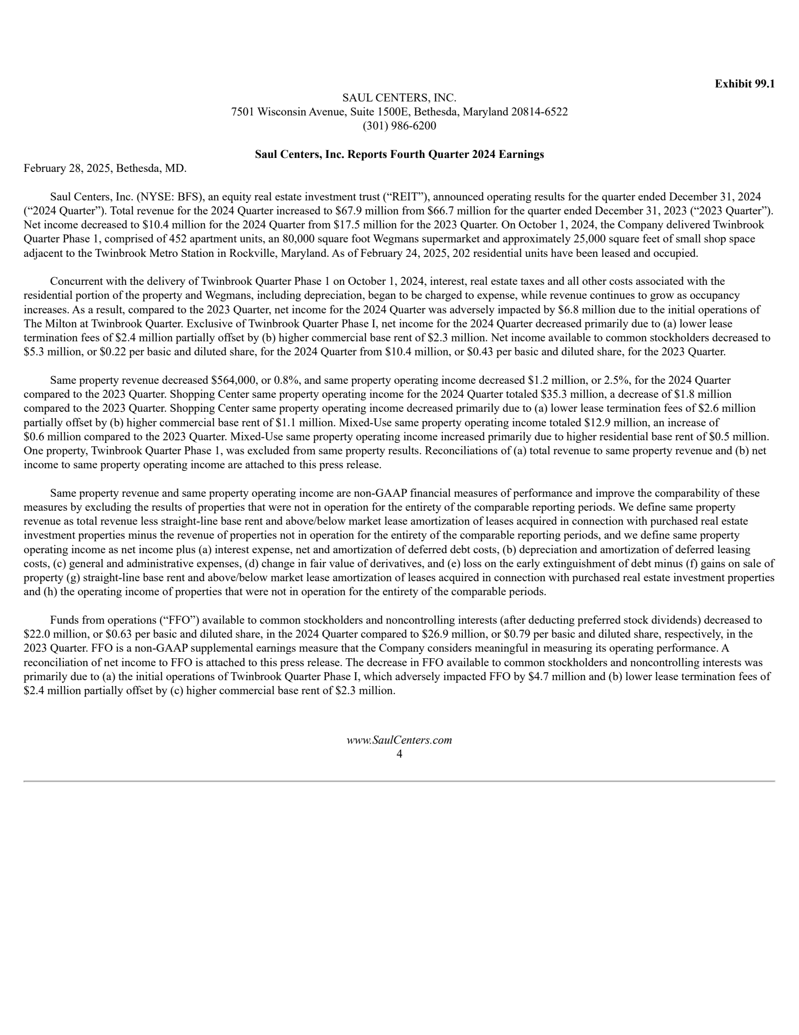 Saul Centers' Q4 2024 Press Release