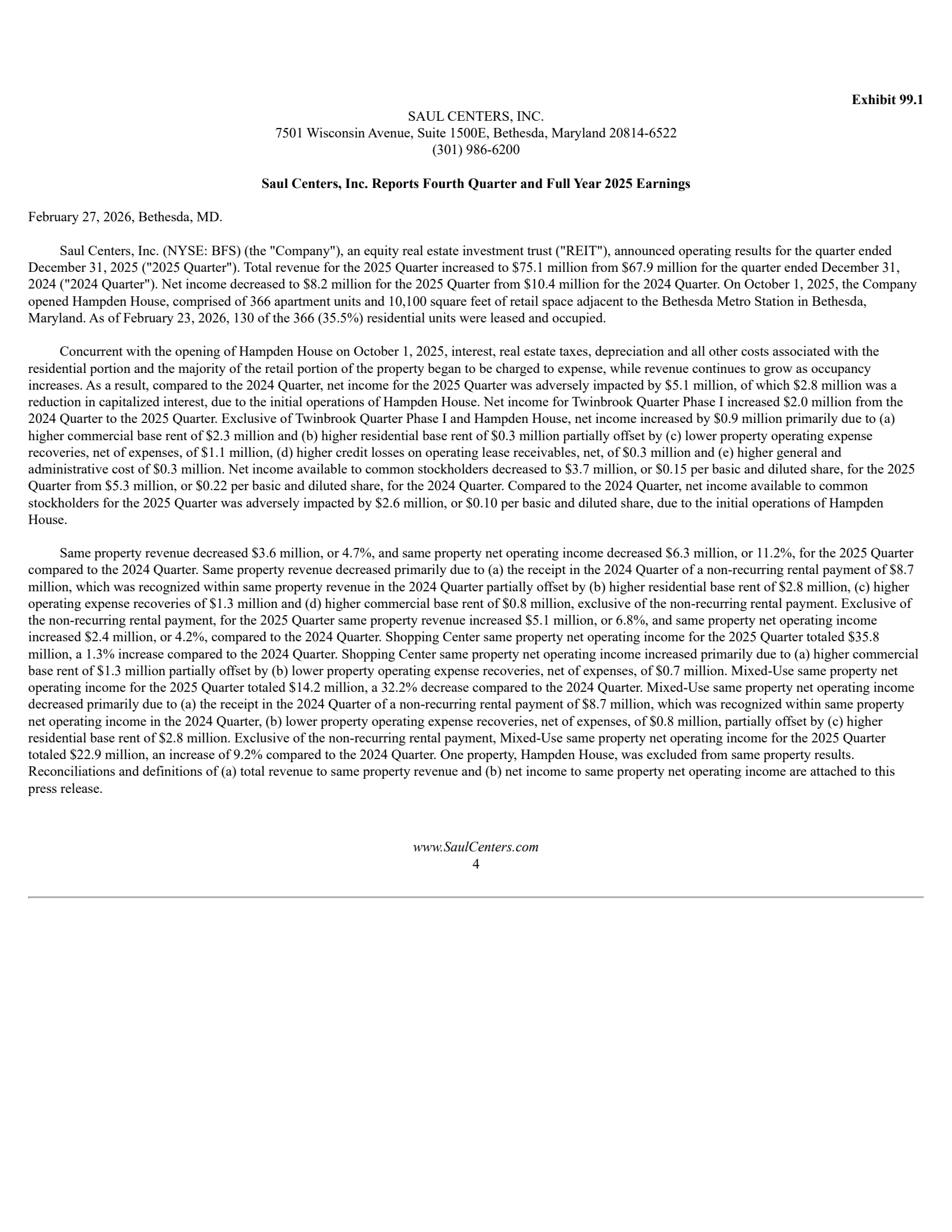 Saul Centers' Q4 2025 Press Release