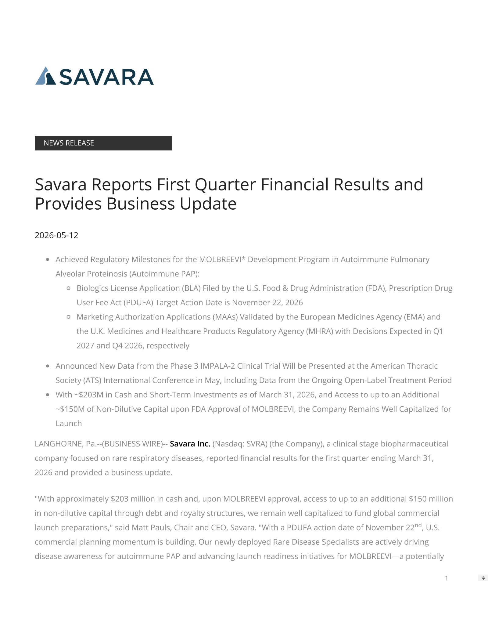 Savara's Q1 2026 Press Release