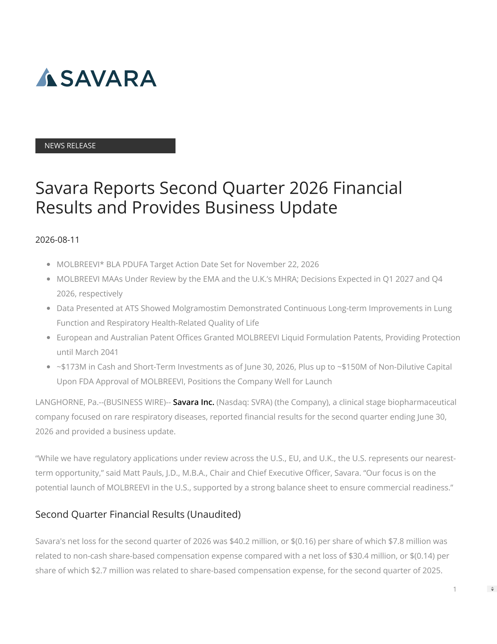 Savara's Q2 2026 Press Release
