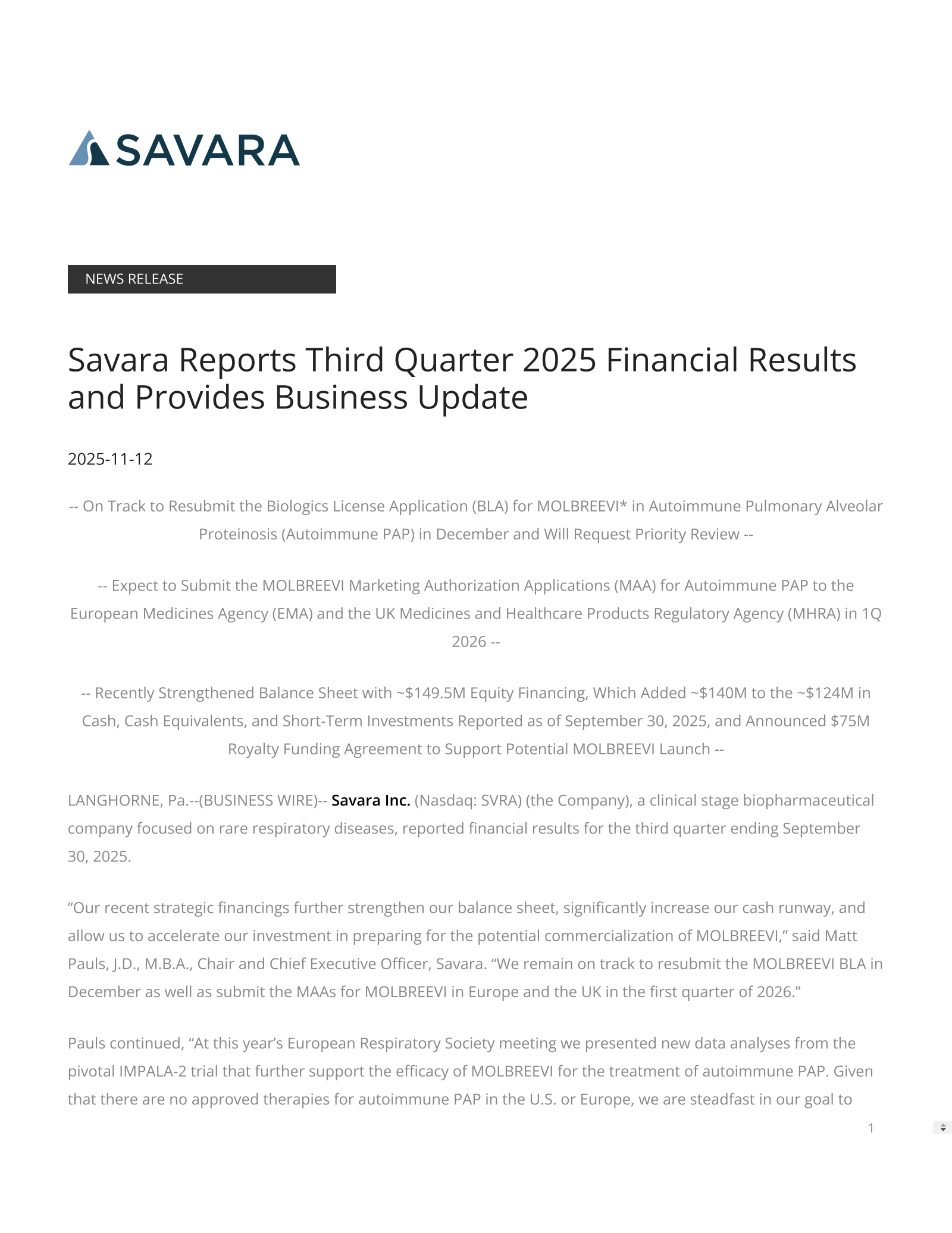 Savara's Q3 2025 Earnings Release