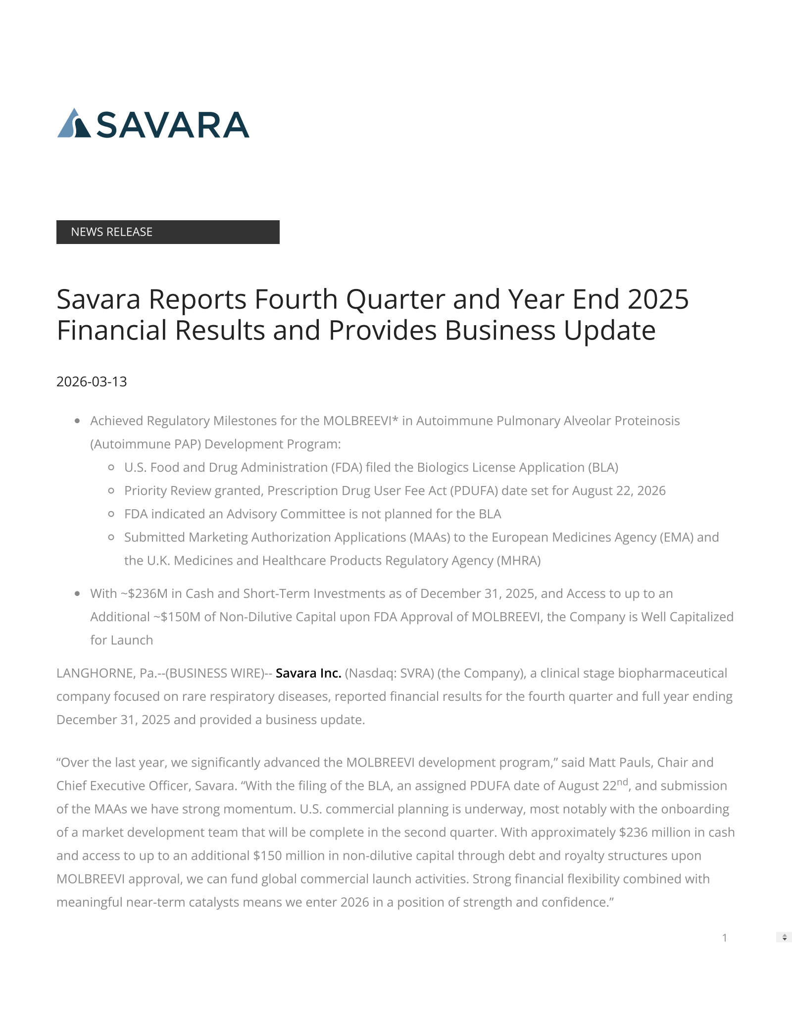 Savara's Q4 2025 Press Release