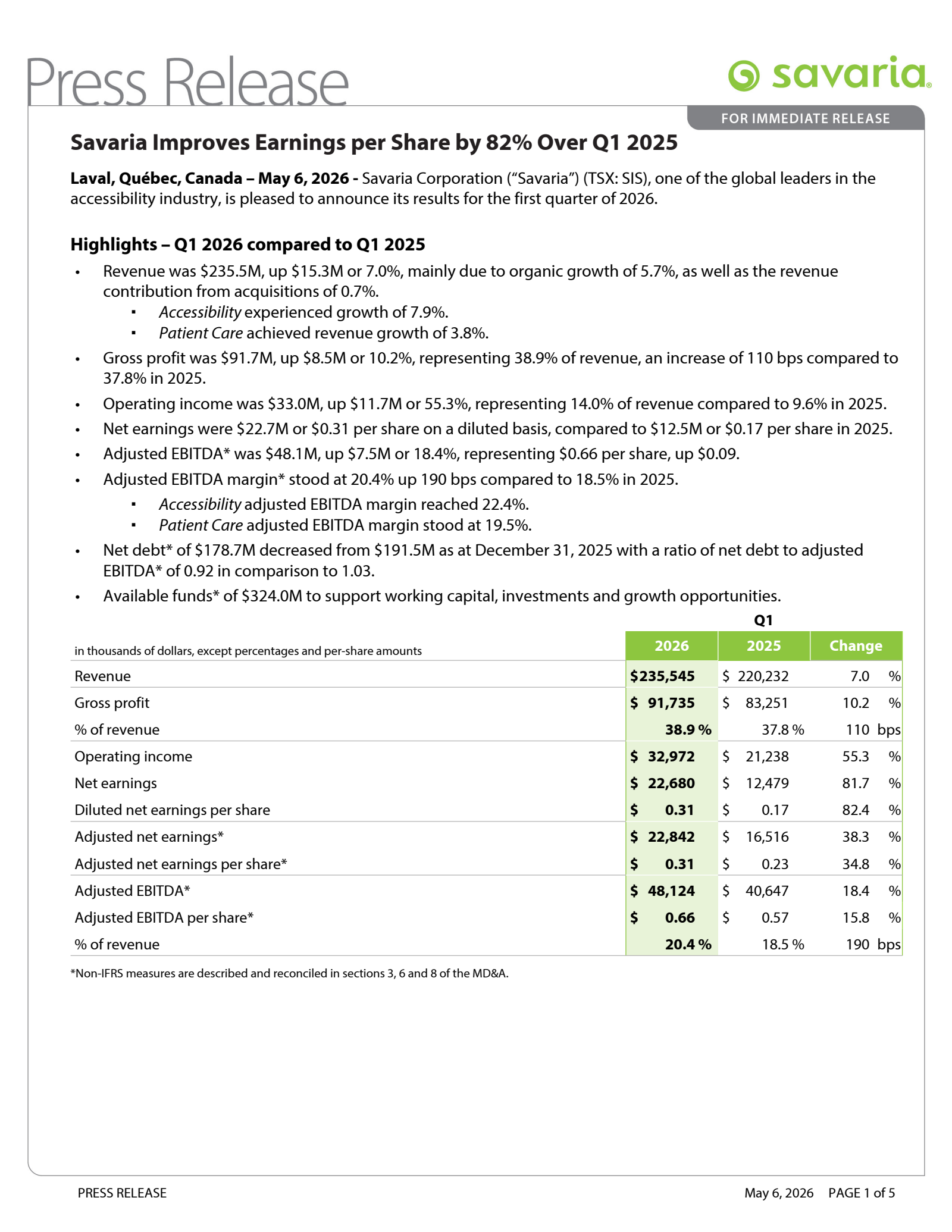 Savaria's Q1 2026 Press Release