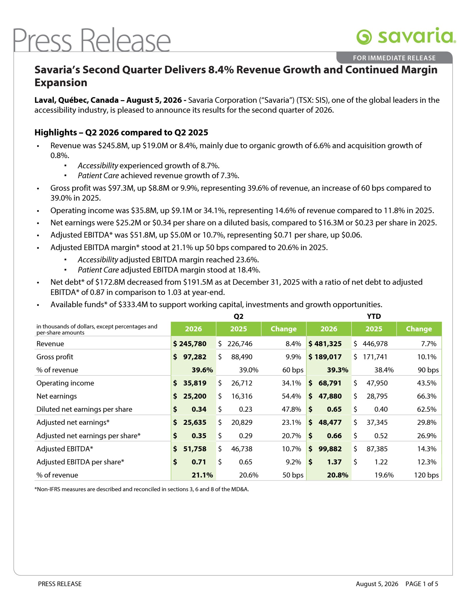 Savaria's Q2 2026 Press Release