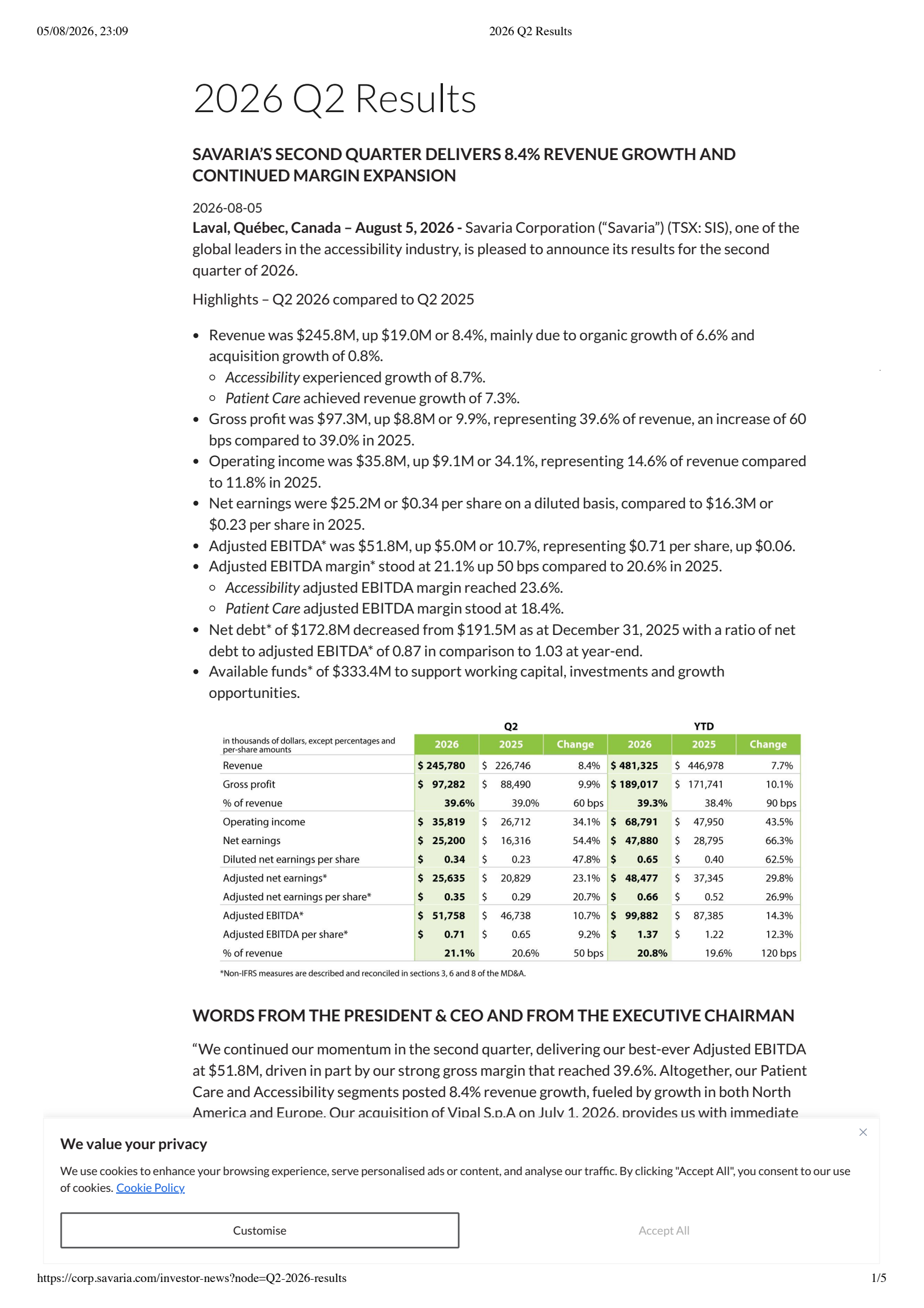 Savaria's Q2 2026 Press Release