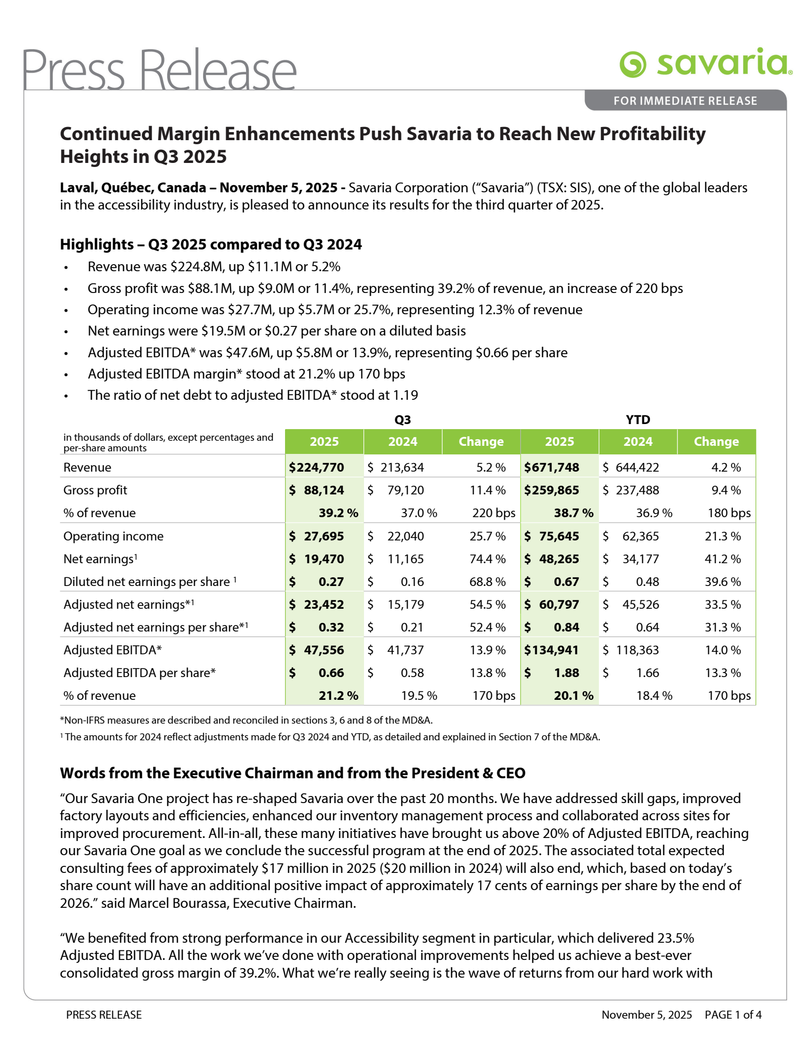 Savaria's Q3 2025 Earnings Release