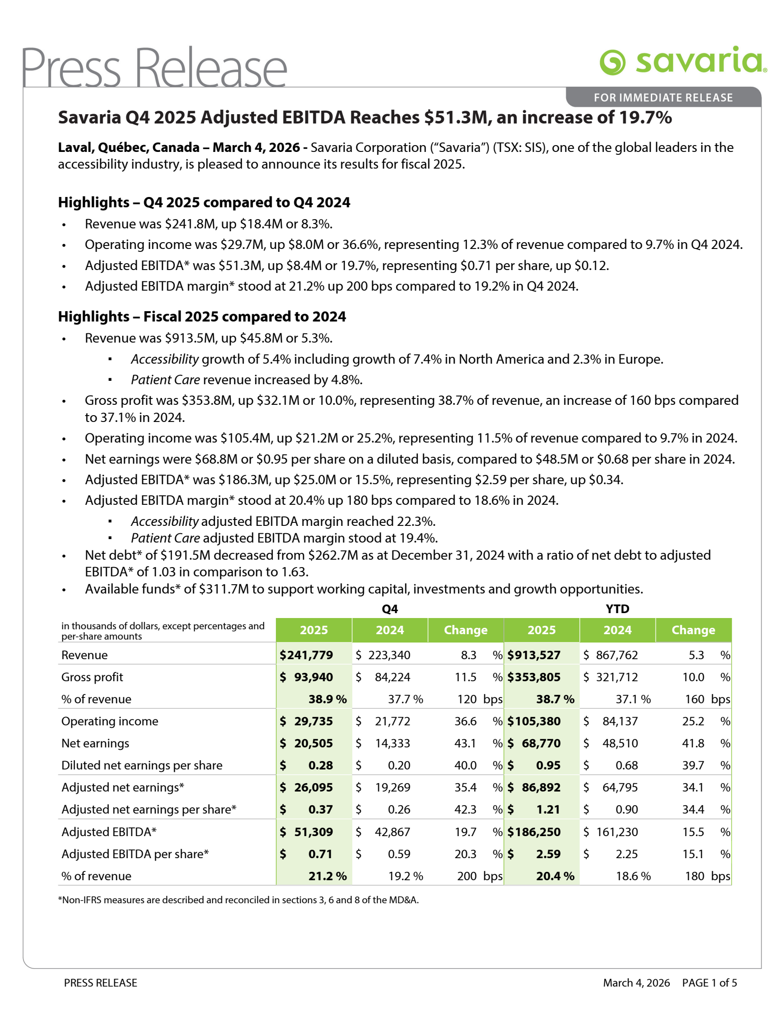 Savaria's Q4 2025 Press Release
