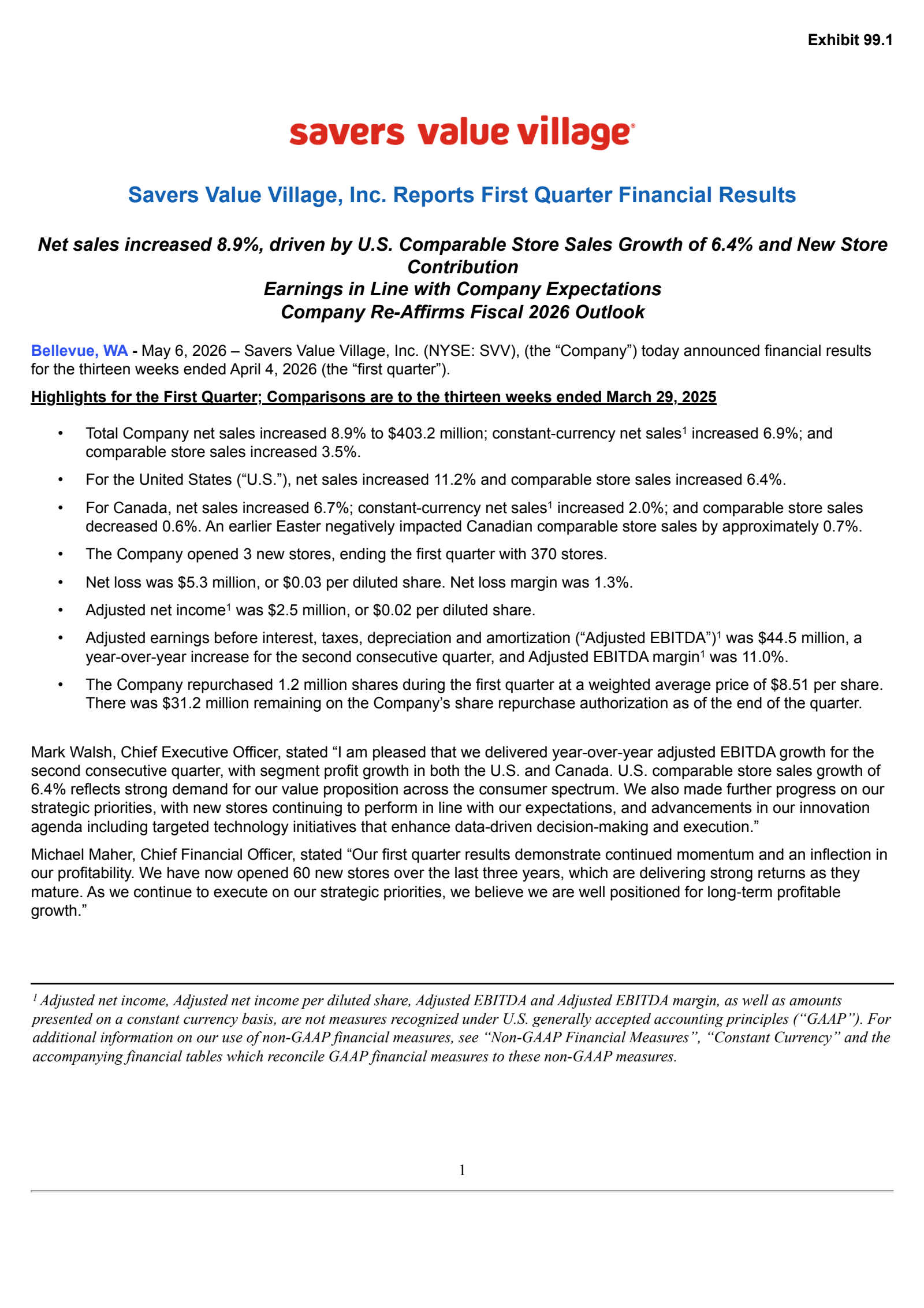 Savers Value Village's Q1 2026 Press Release