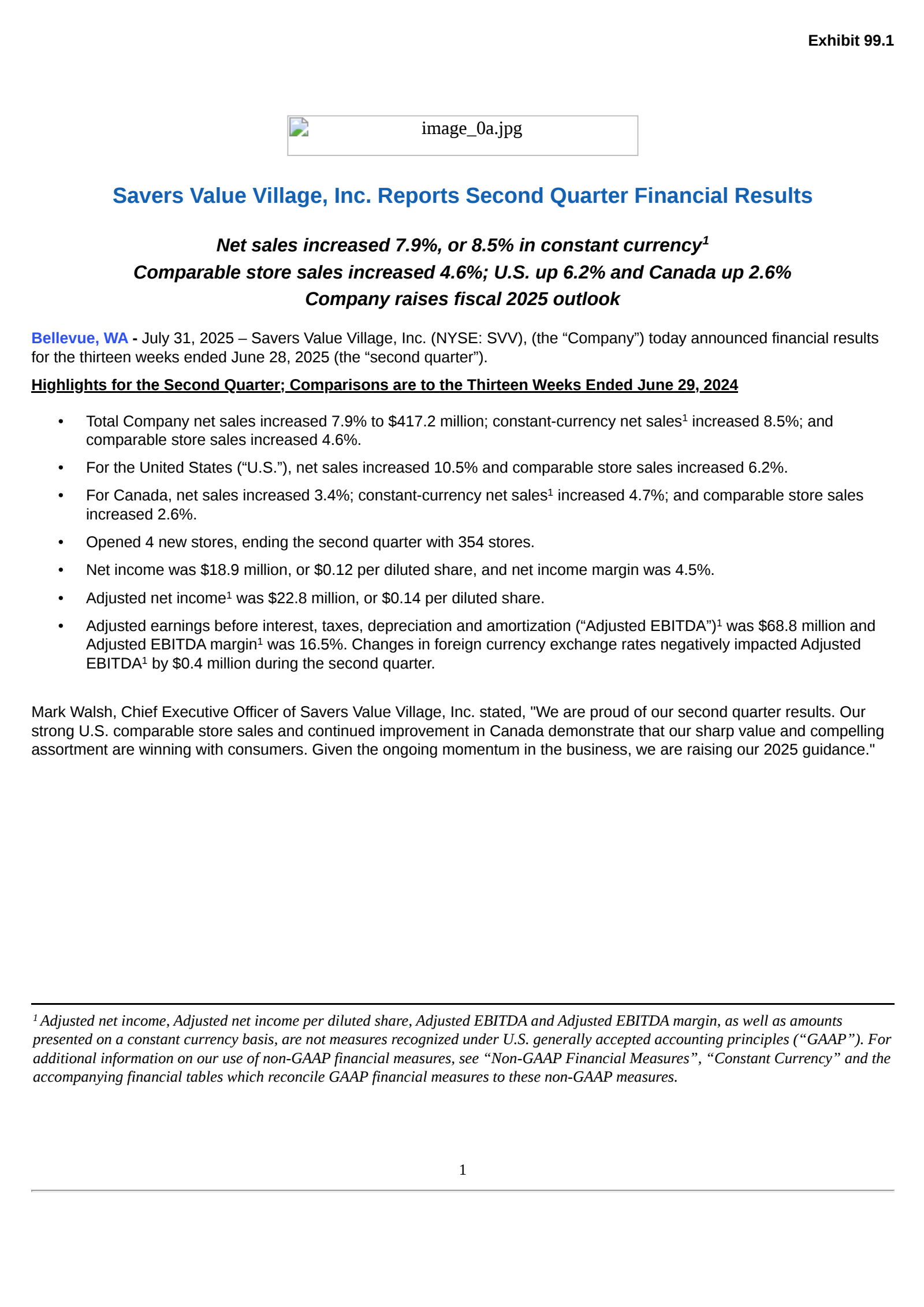 Savers Value Village's Q2 2025 Press Release