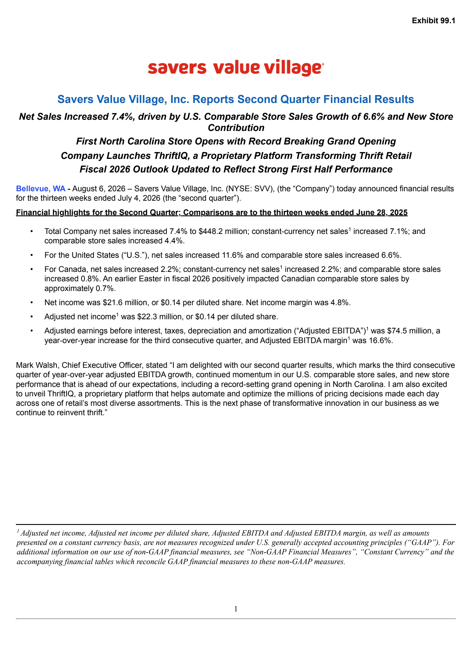 Savers Value Village's Q2 2026 Press Release