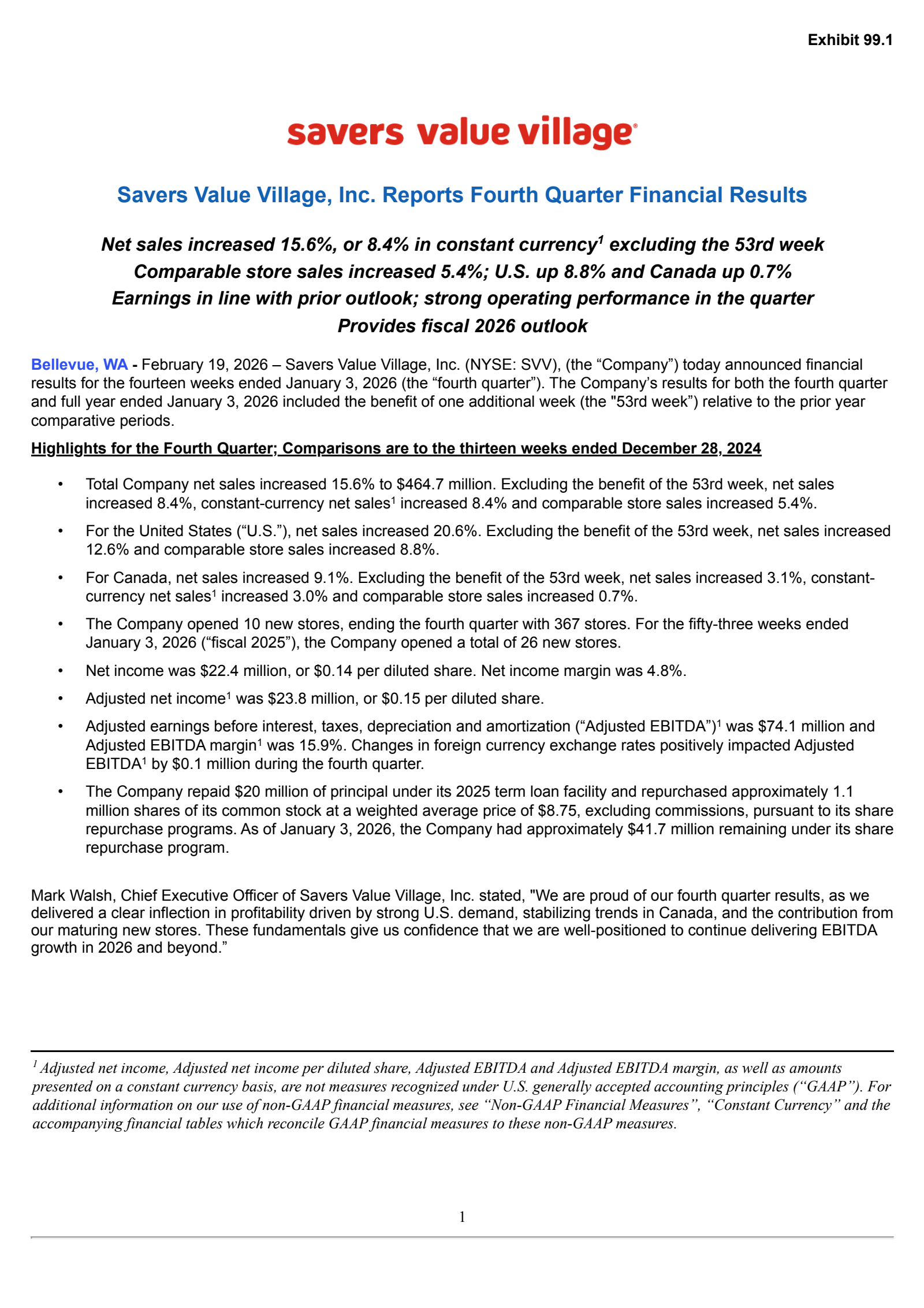 Savers Value Village's Q4 2025 Press Release