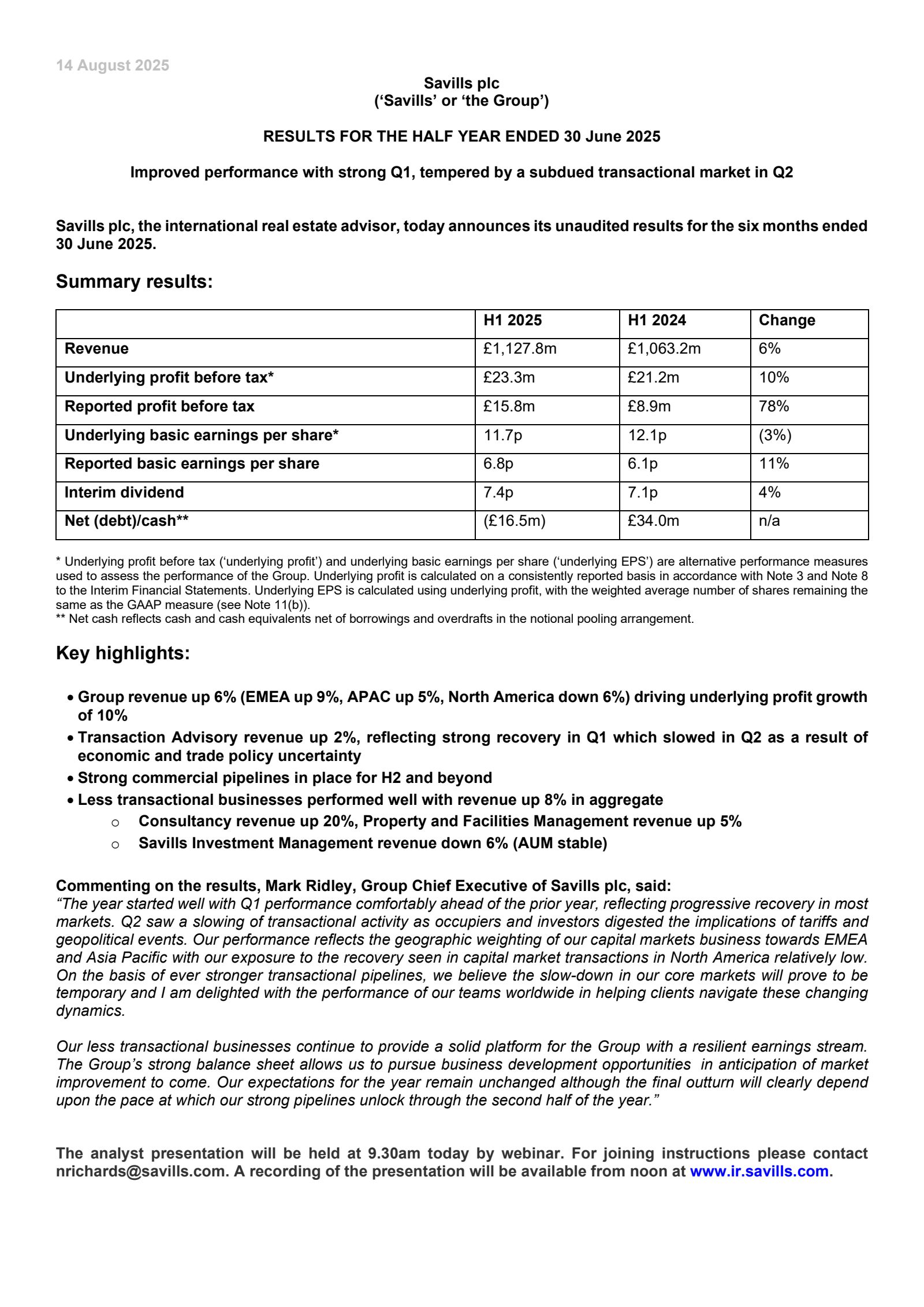 Savills' H1 2025 Interim report
