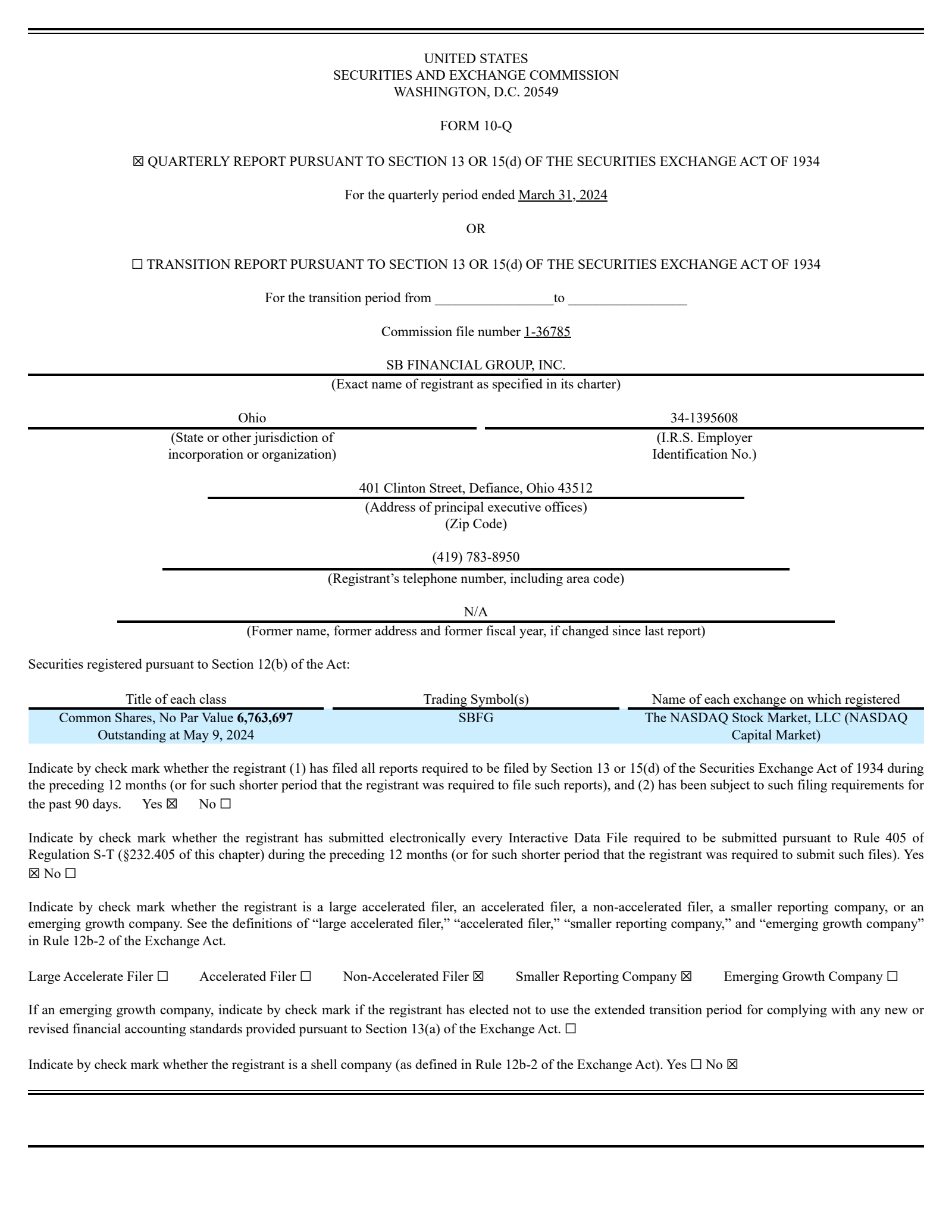 SB Financial Group's Q1 2024 Quarterly Report