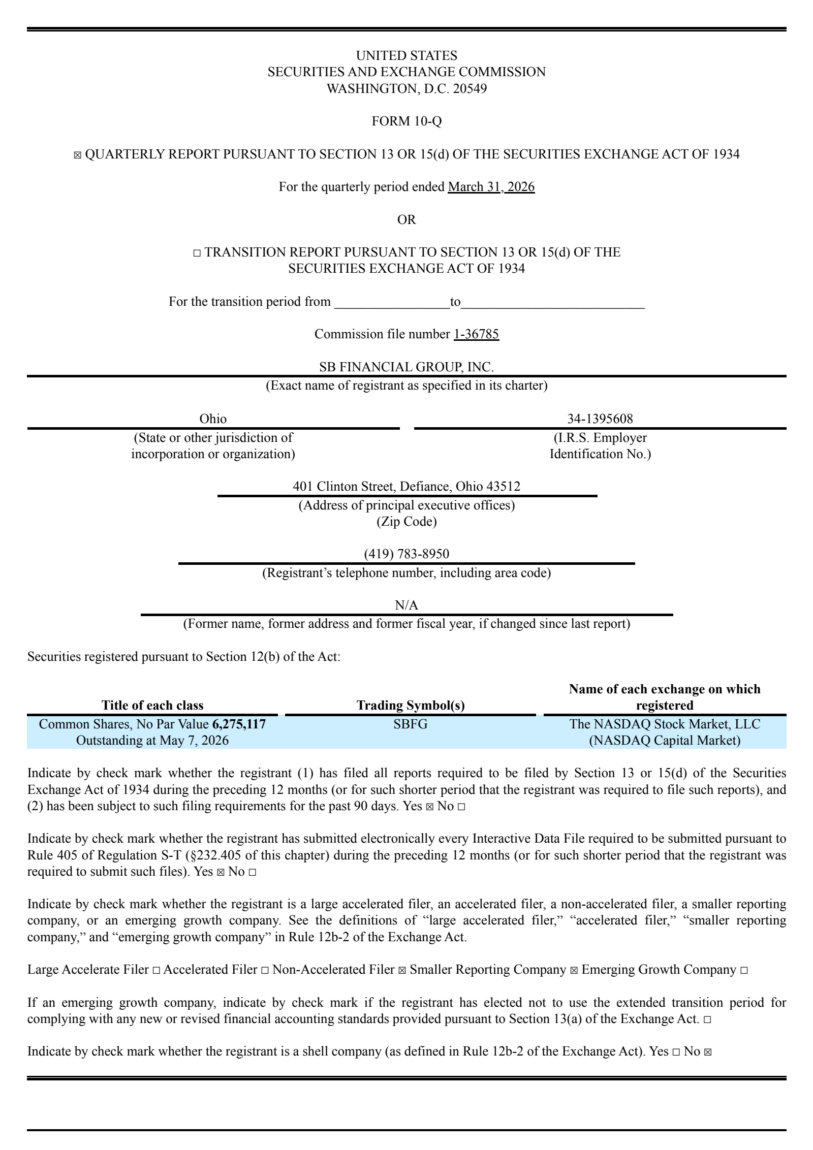 SB Financial Group's Q1 2026 Quarterly report