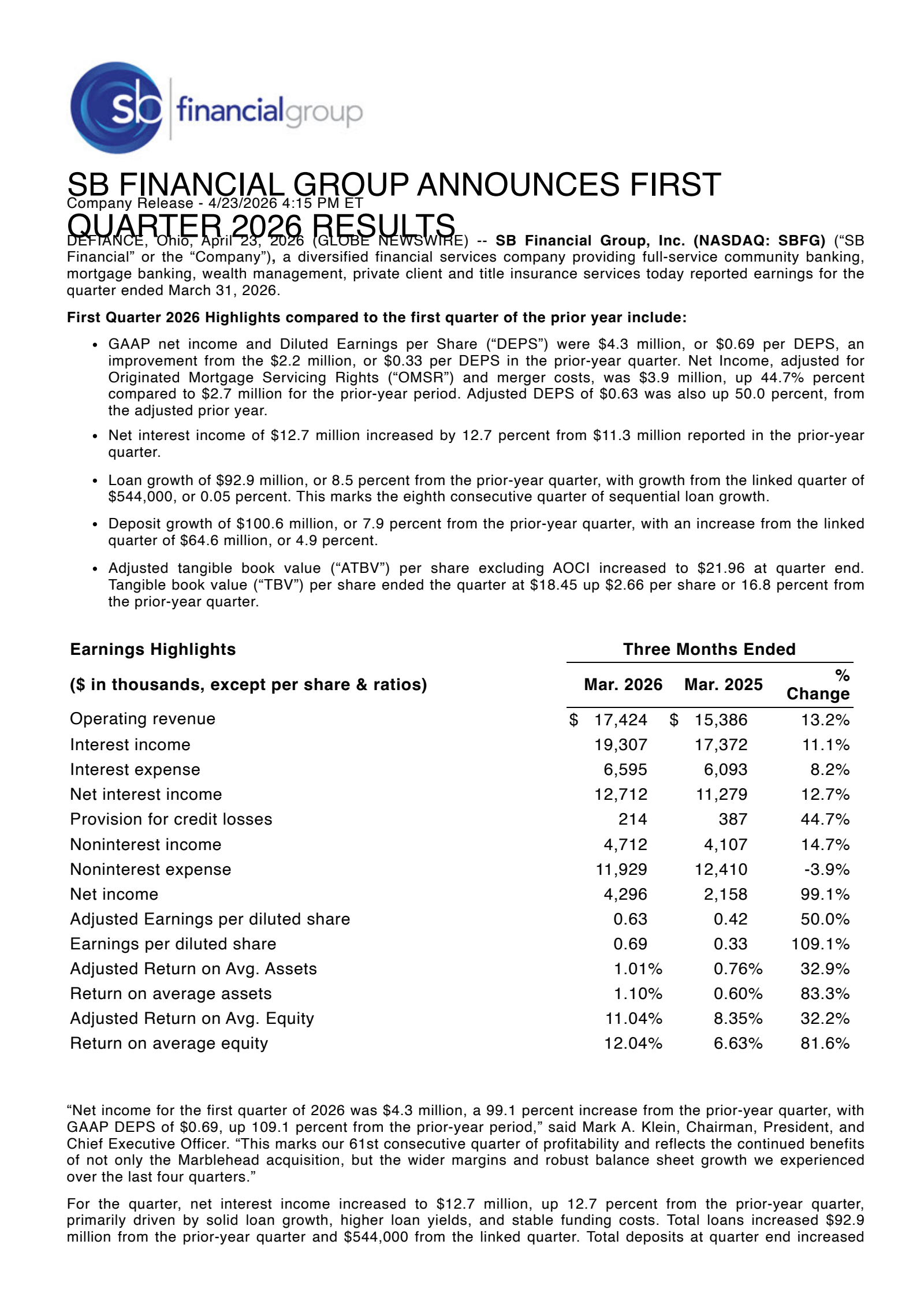 SB Financial Group's Q1 2026 Press Release