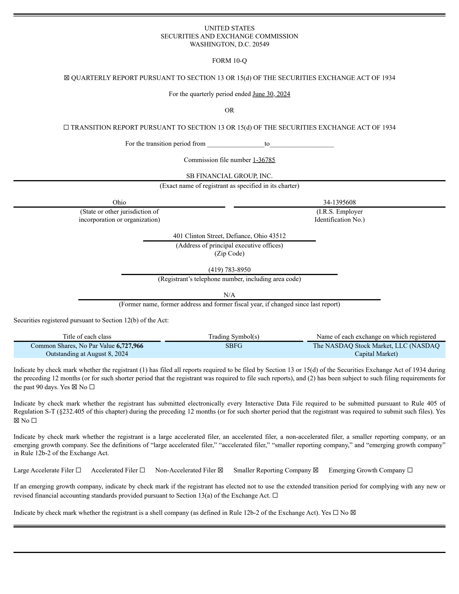 SB Financial Group's Q2 2024 Quarterly Report