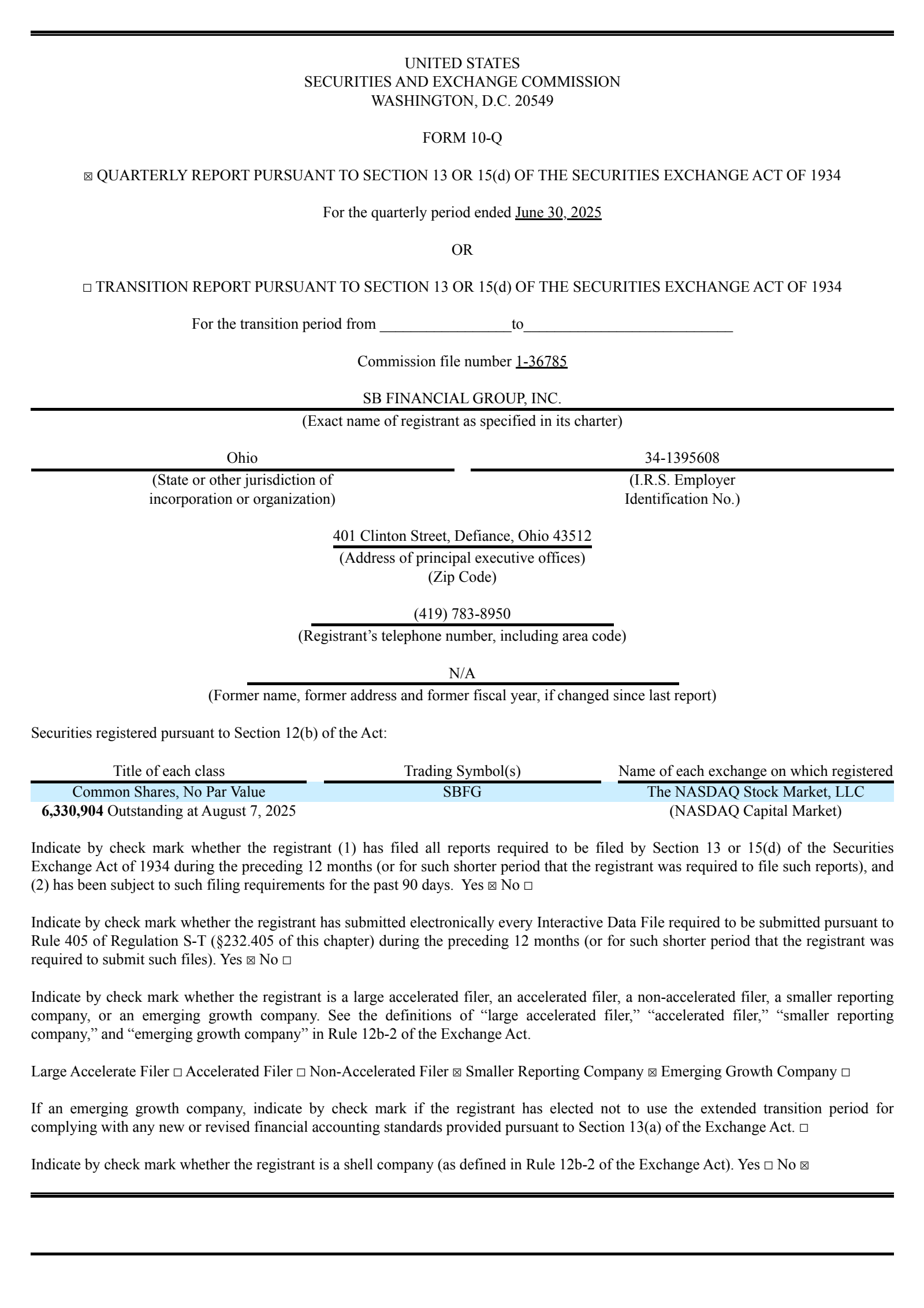SB Financial Group's Q2 2025 Quarterly report