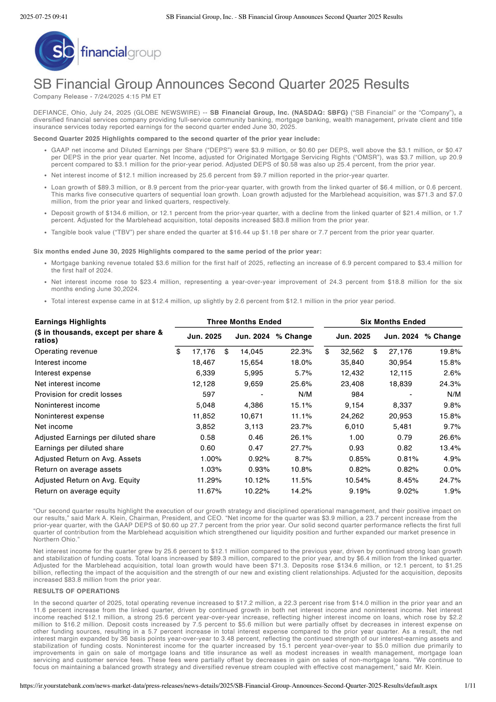 SB Financial Group's Q2 2025 Press Release