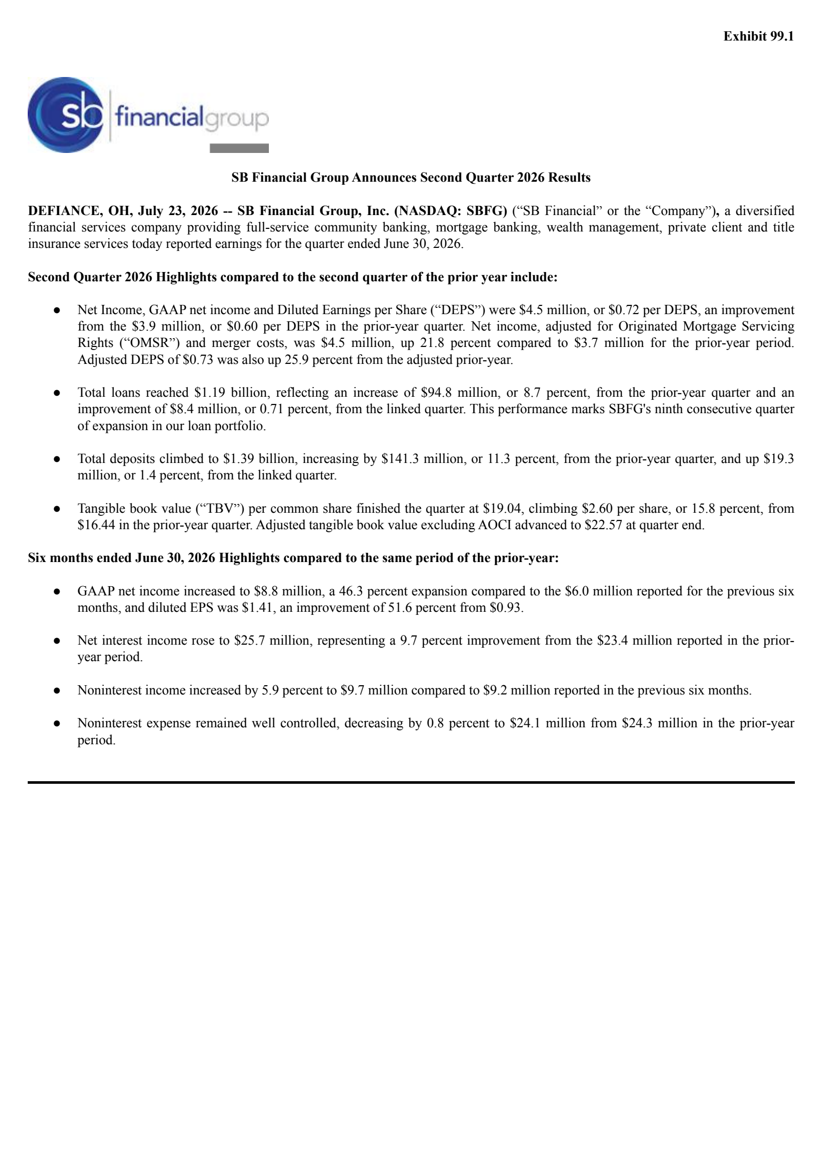 SB Financial Group's Q2 2026 Press Release