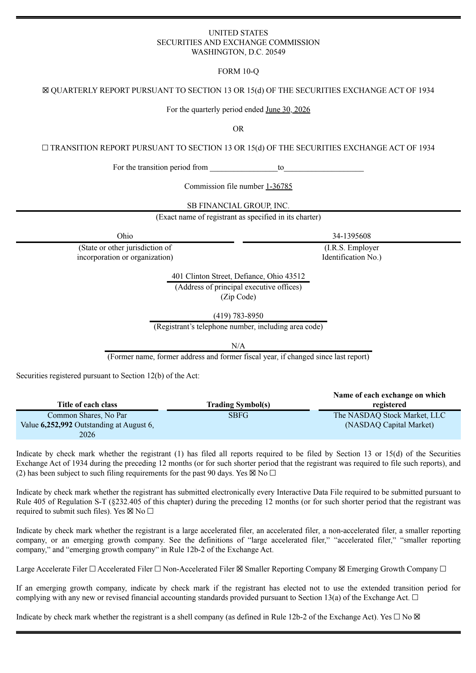 SB Financial Group's Q2 2026 Quarterly report