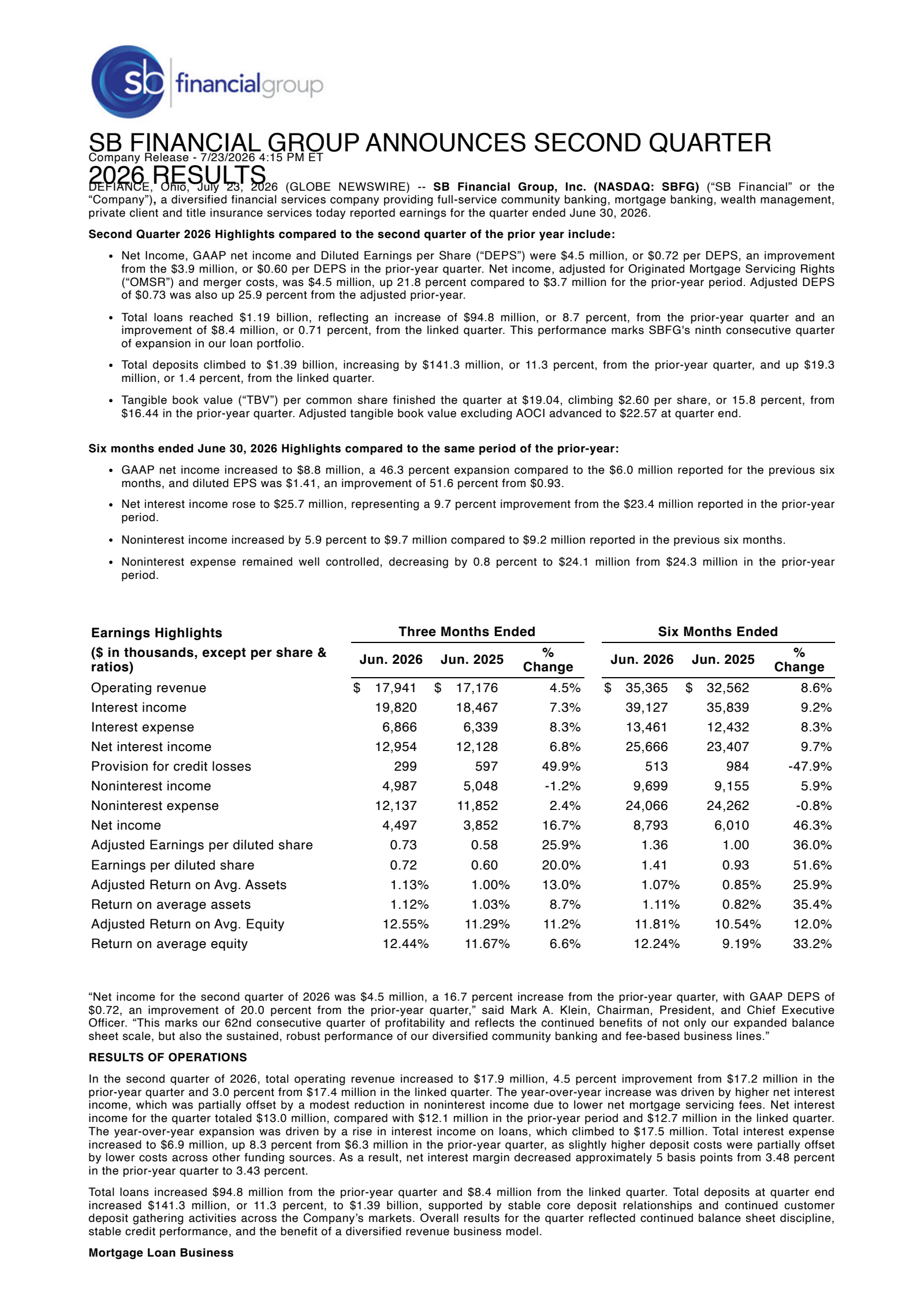 SB Financial Group's Q2 2026 Press Release
