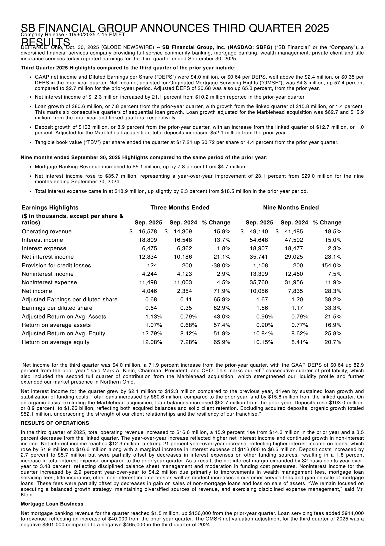 SB Financial Group's Q3 2025 Earnings Release