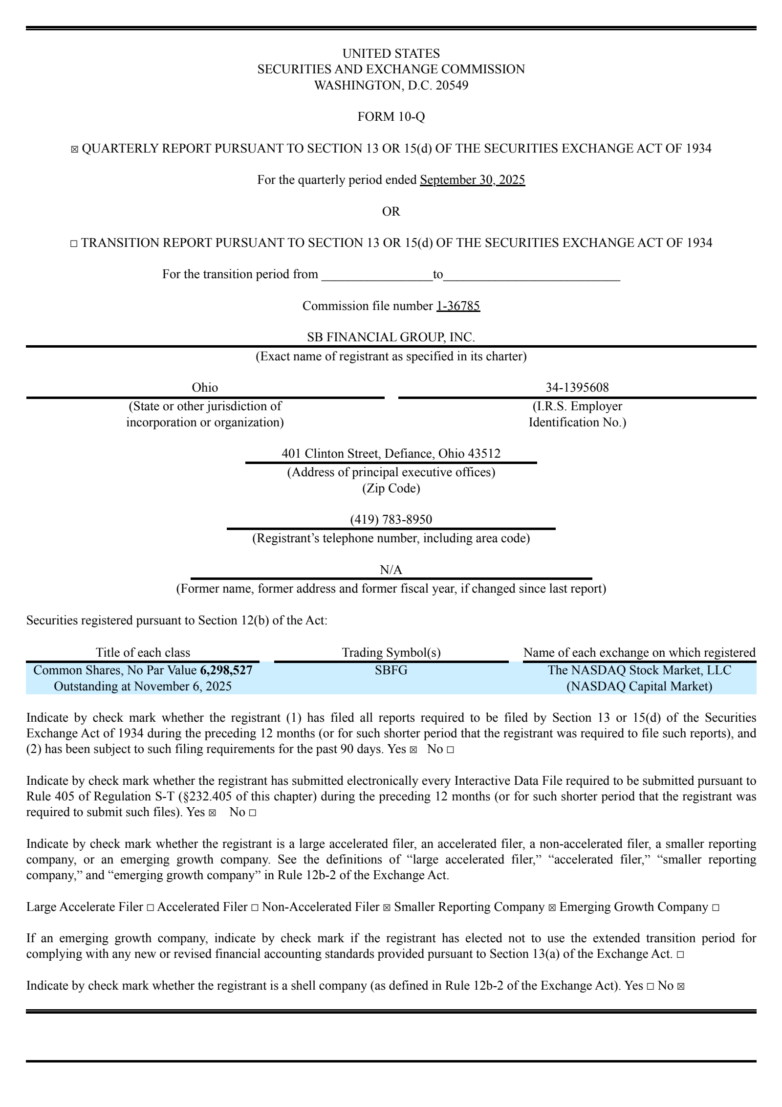 SB Financial Group's Q3 2025 Quarterly Report