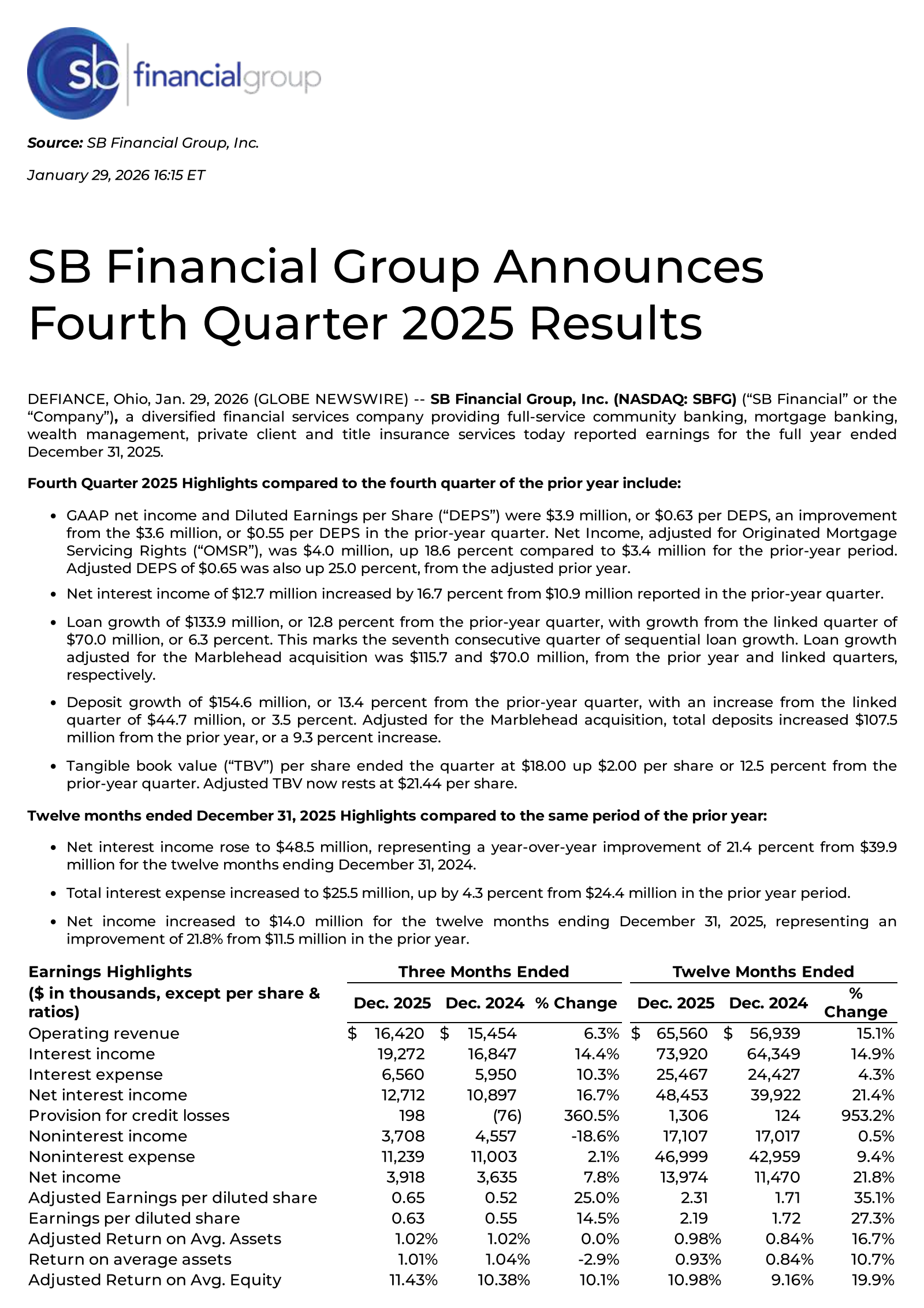 SB Financial Group's Q4 2025 Press Release