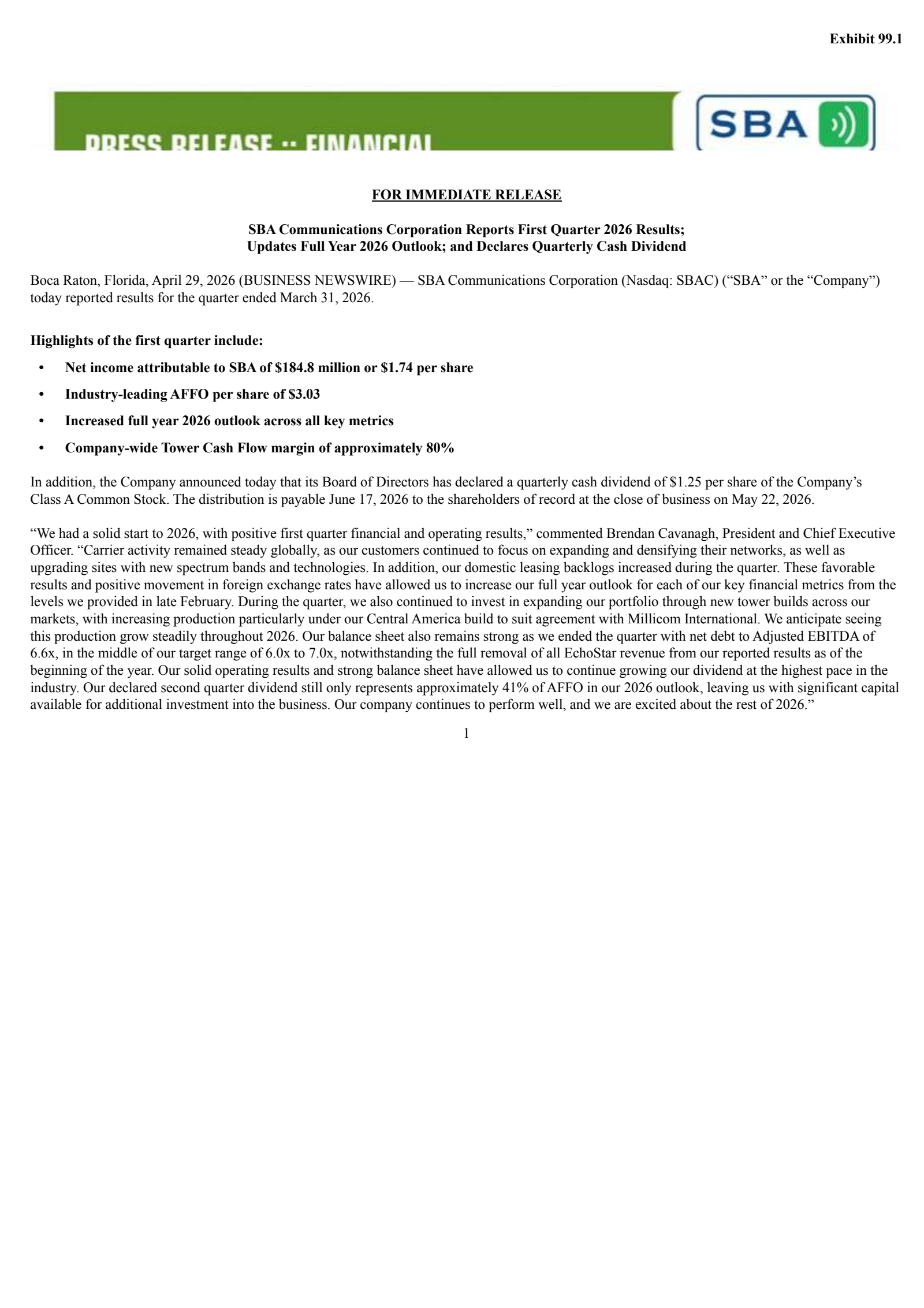 SBA Communications' Q1 2026 Press Release