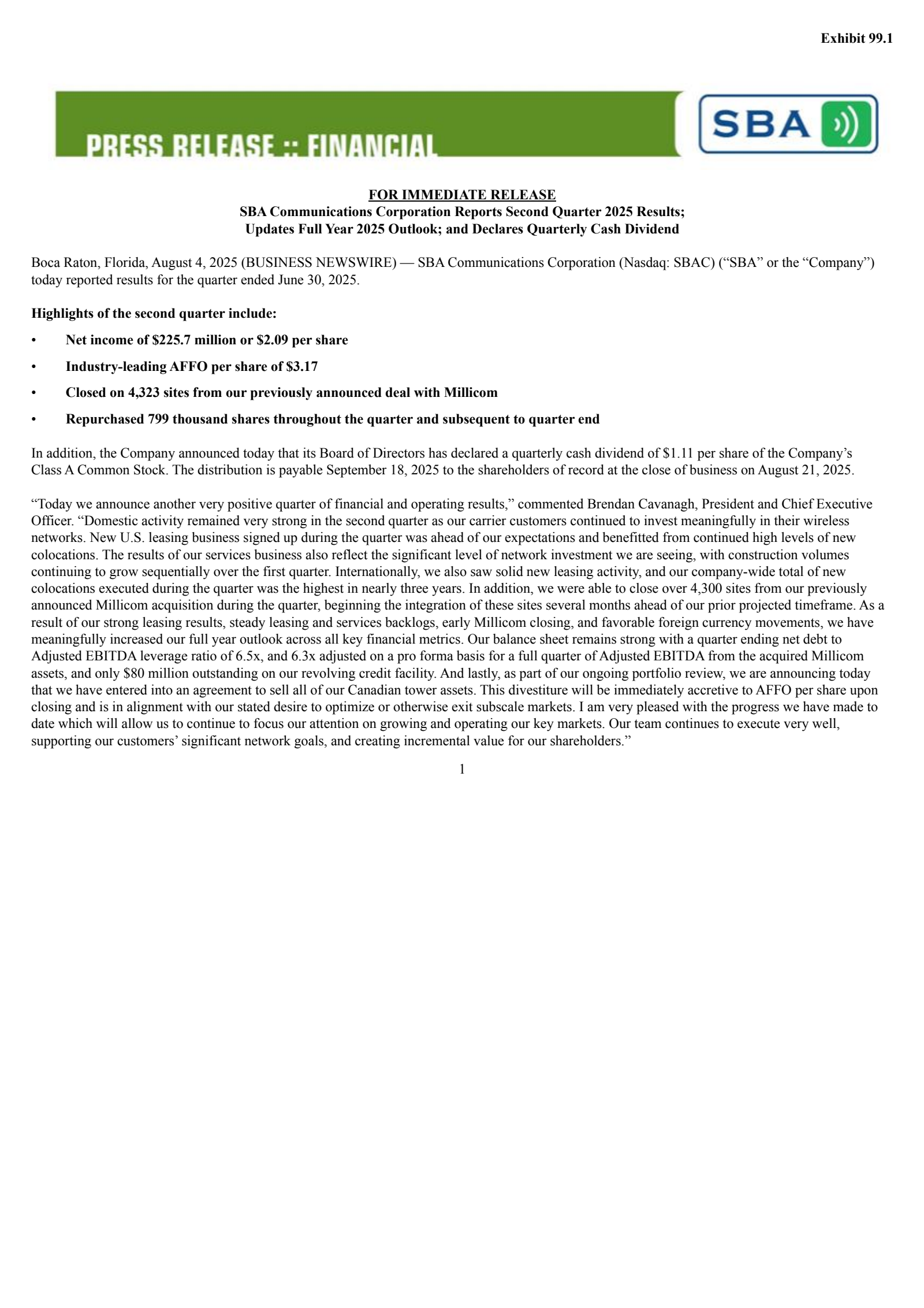 SBA Communications' Q2 2025 Press Release