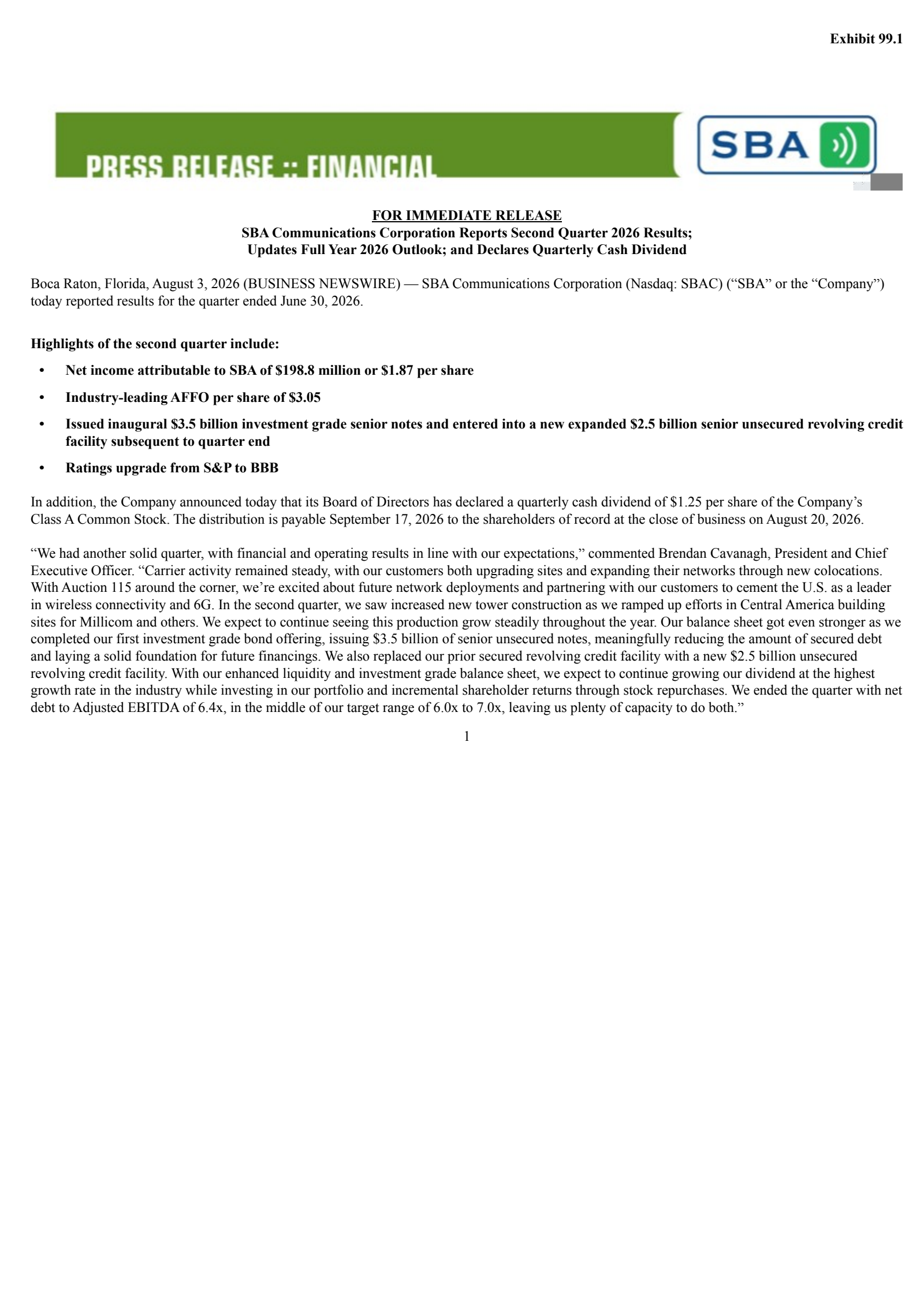 SBA Communications' Q2 2026 Press Release